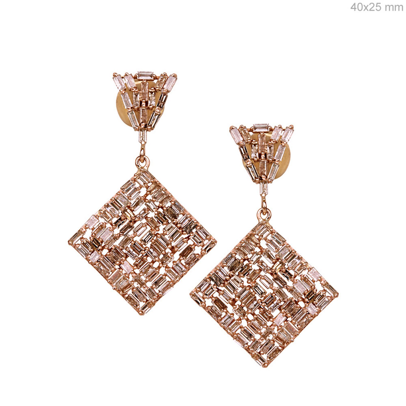 18k Solid gold baguette diamond dangle earrings