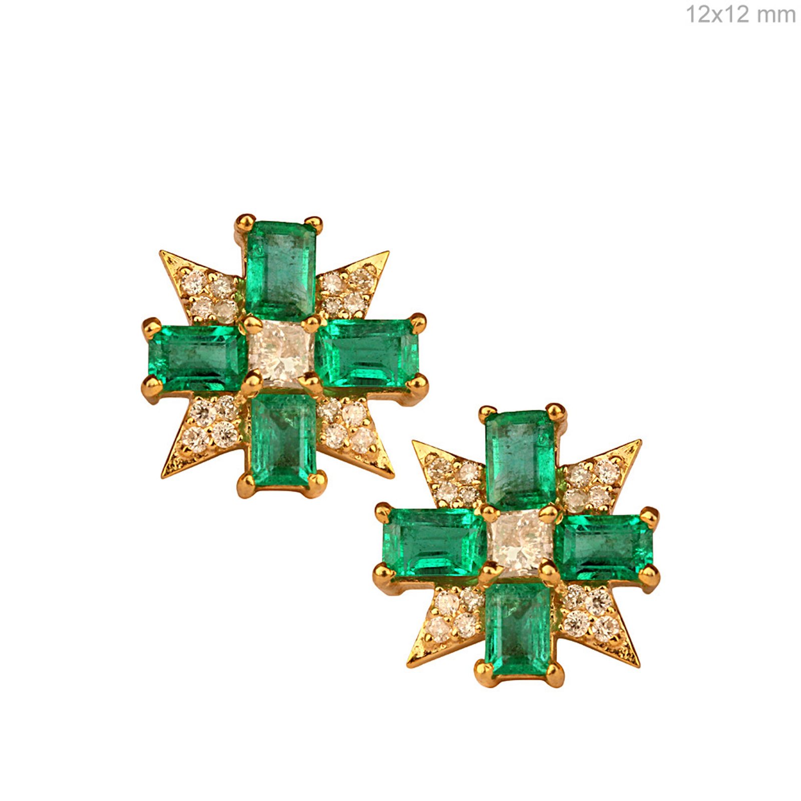 Baguette emerald diamond stud earrings, 18k solid gold jewelry