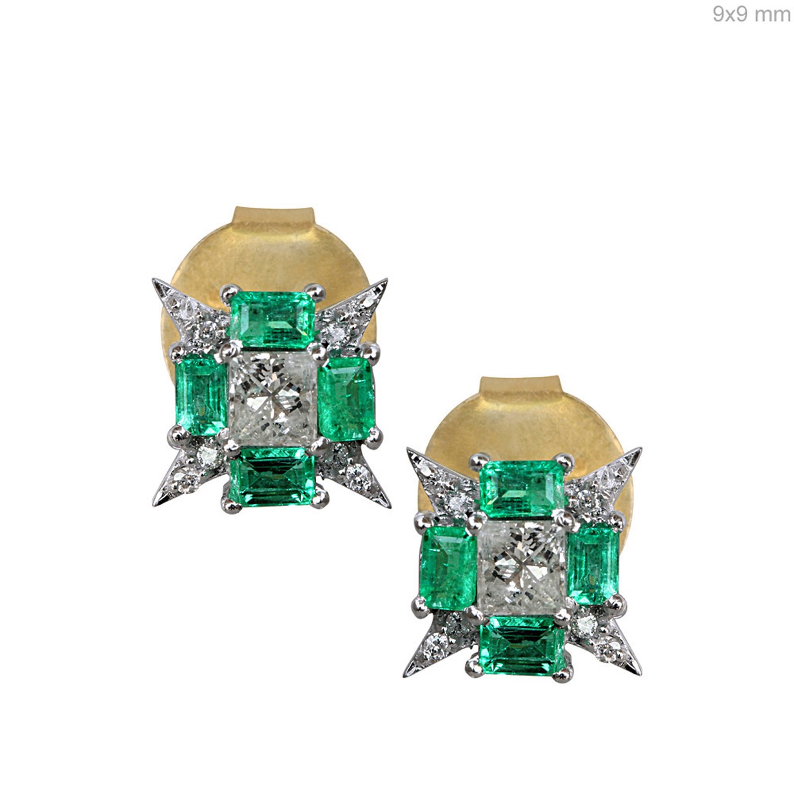 18k Solid white gold dainty stud earrings, Baguette emerald diamond jewelry