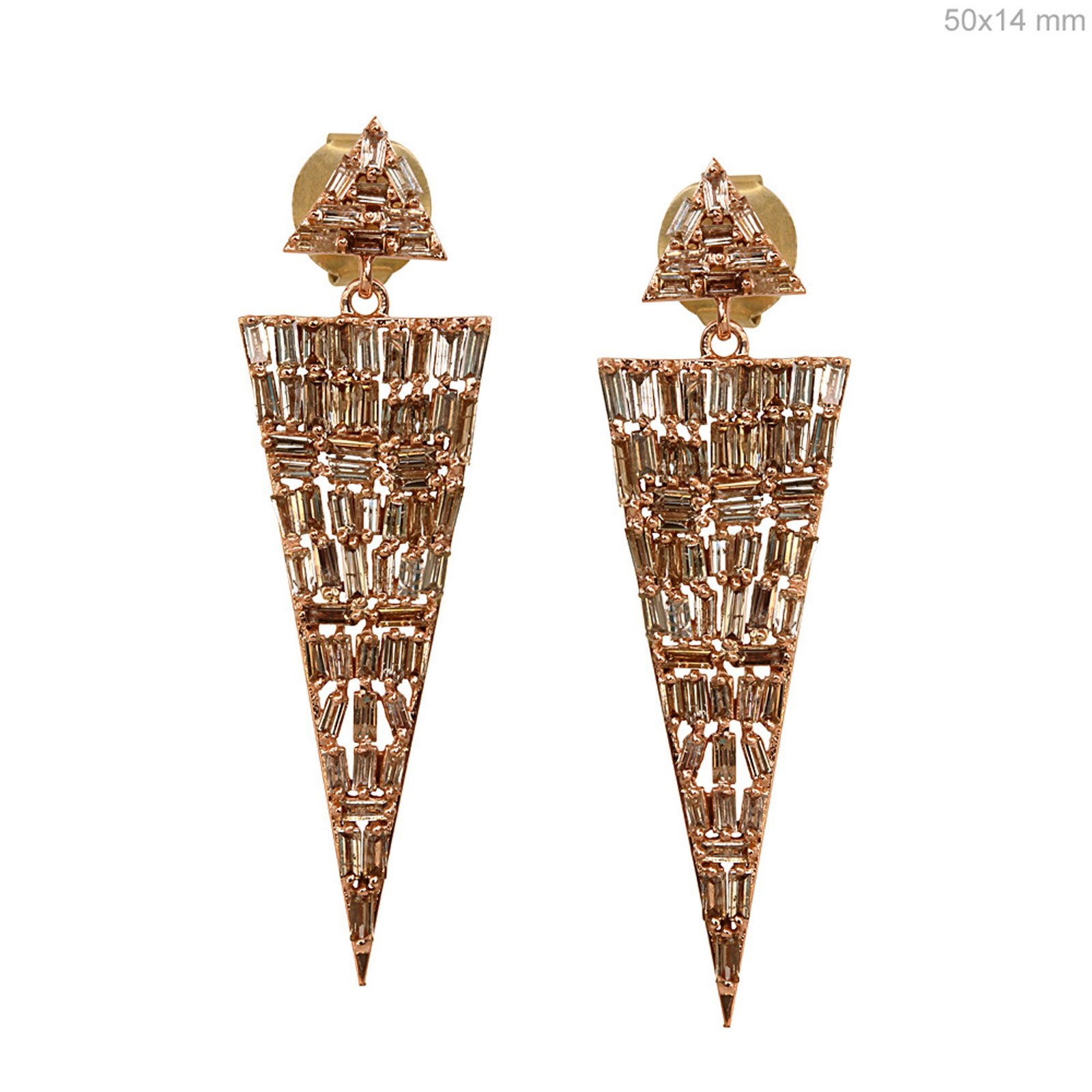 Triangle dangle earrings, 18k solid gold baguette diamond jewelry