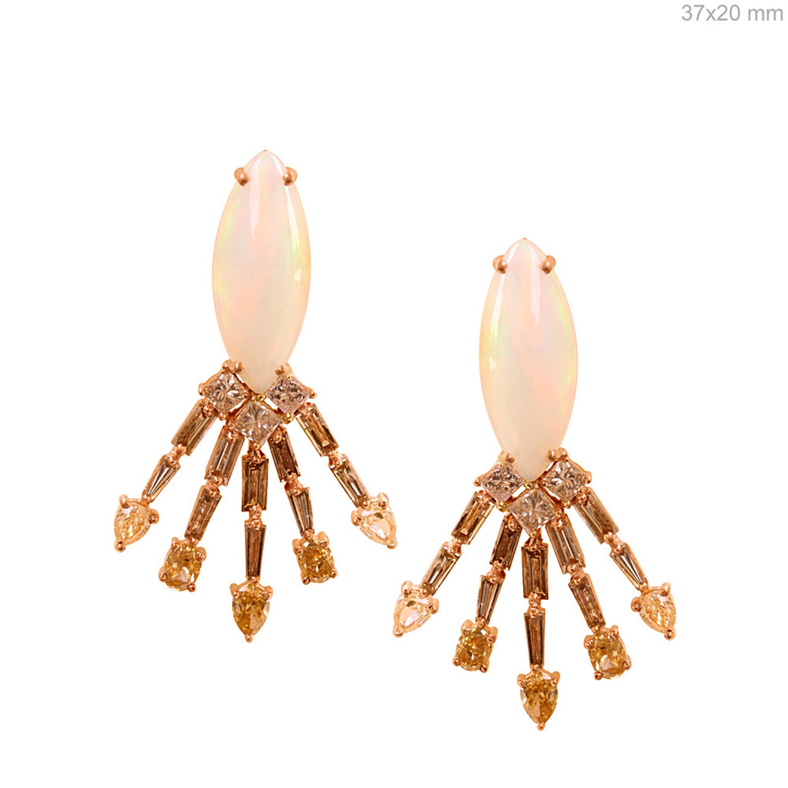 Baguette stud earrings set in 18k gold opal diamond
