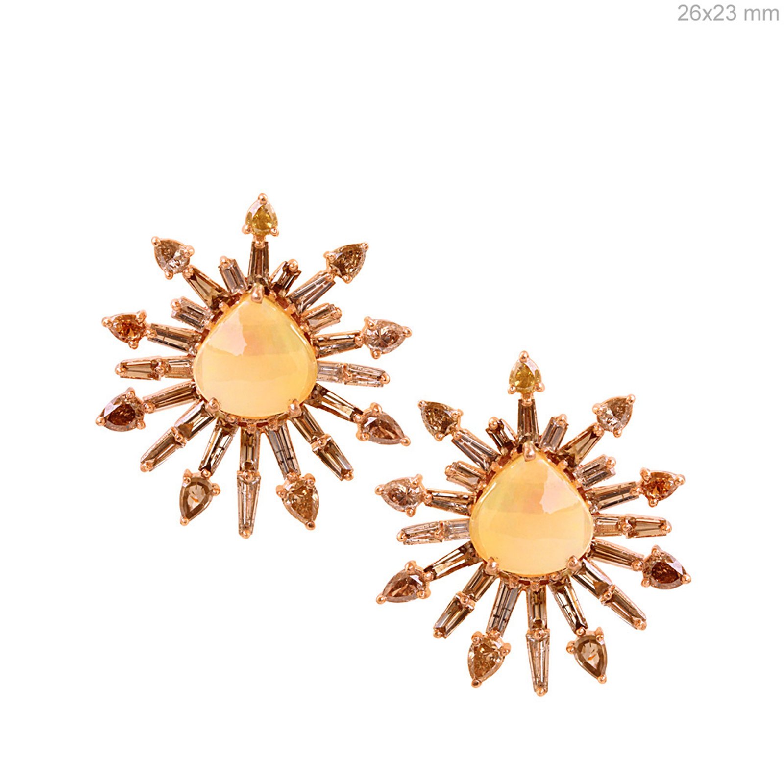 Sun flower stud earrings, 18k solid gold baguette diamond opal jewelry