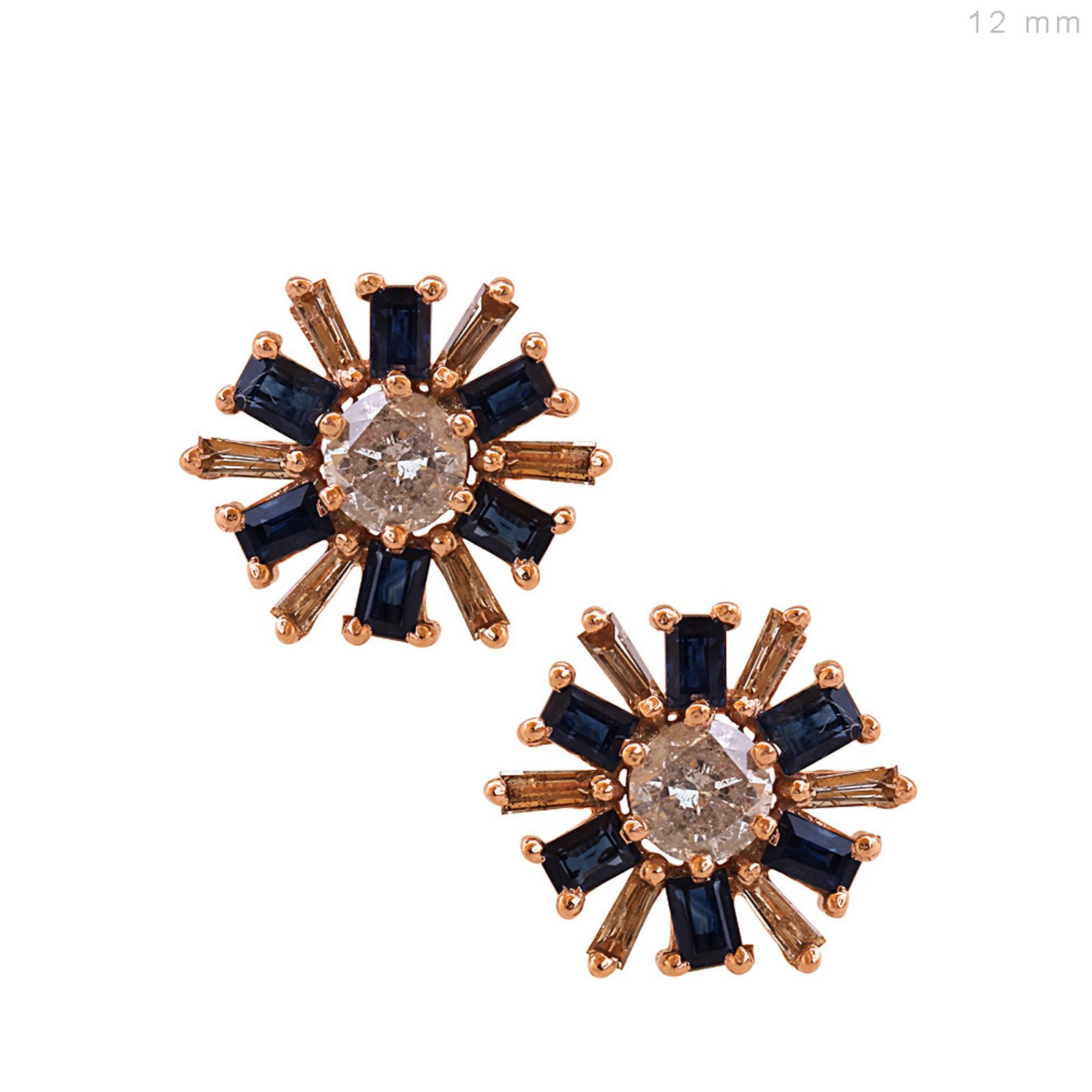 Baguette diamond & sapphire 18k solid gold flower stud earrings