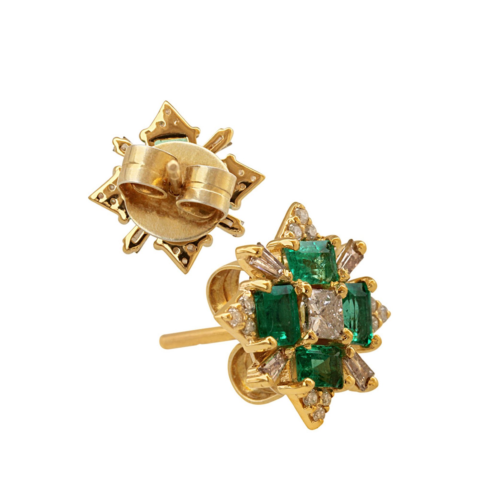 Baguette emerald & diamond 18k gold stud earrings