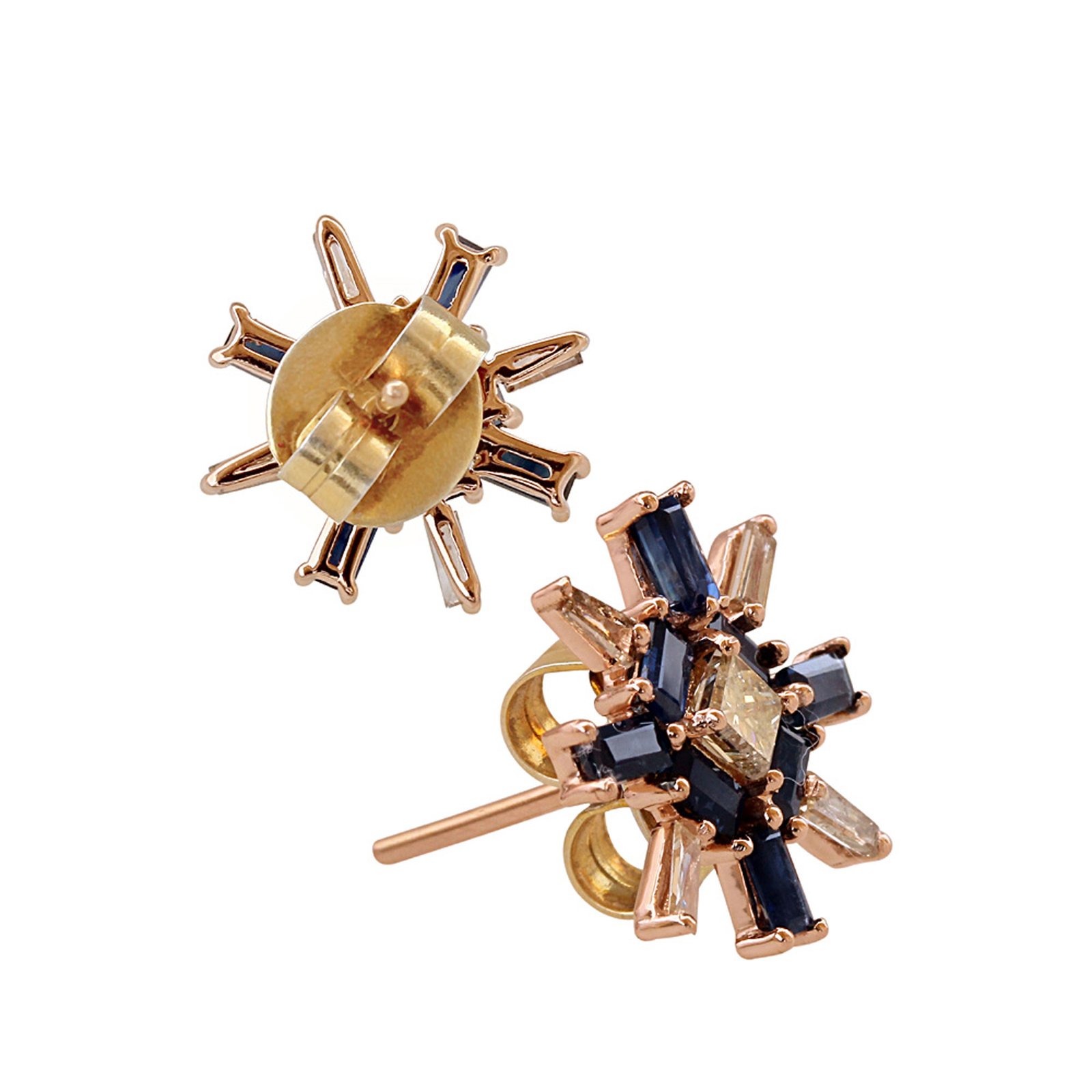 Blue sapphire diamond stud earrings, 18k gold baguette fine jewelry