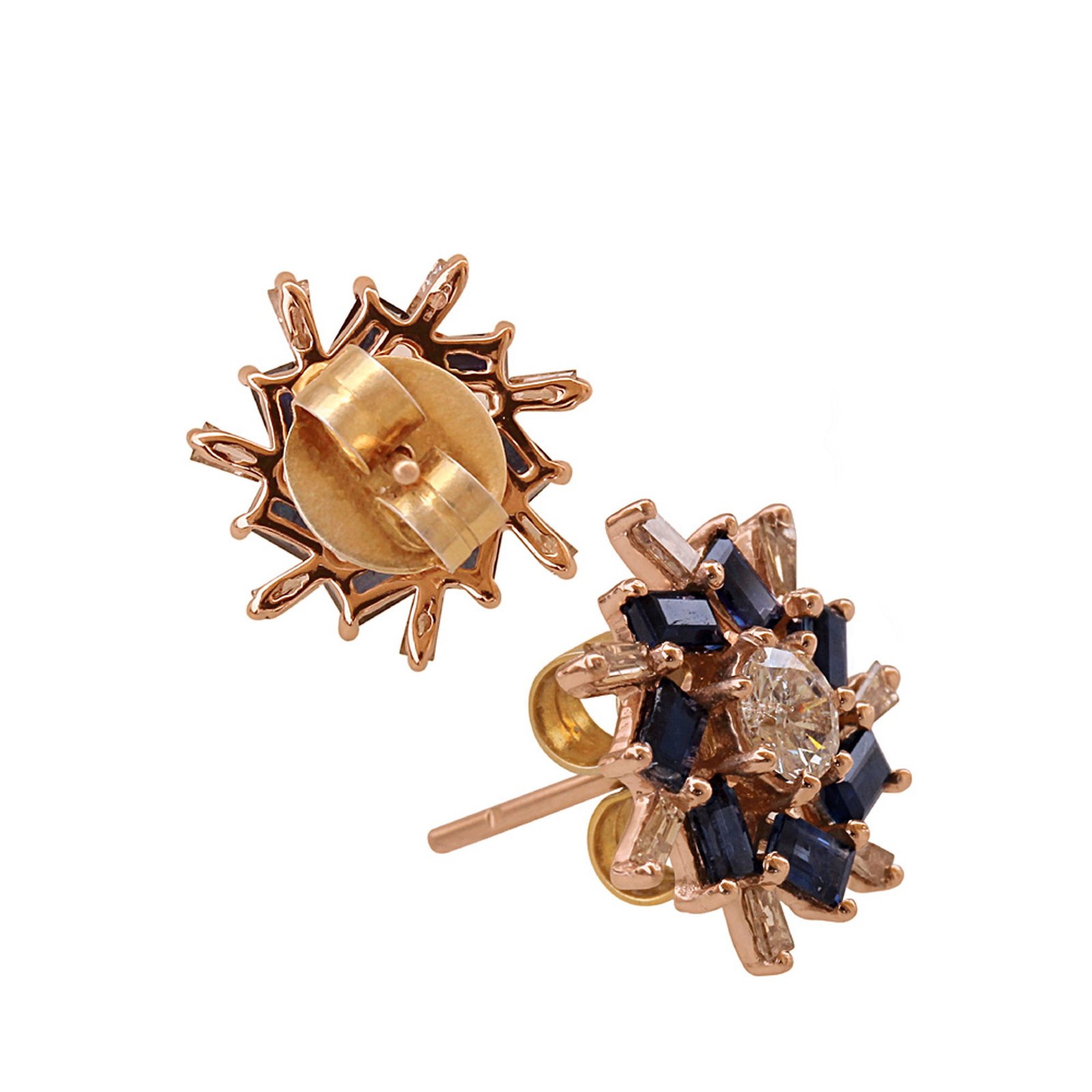 Baguette diamond sapphire 18k gold floral stud earrings