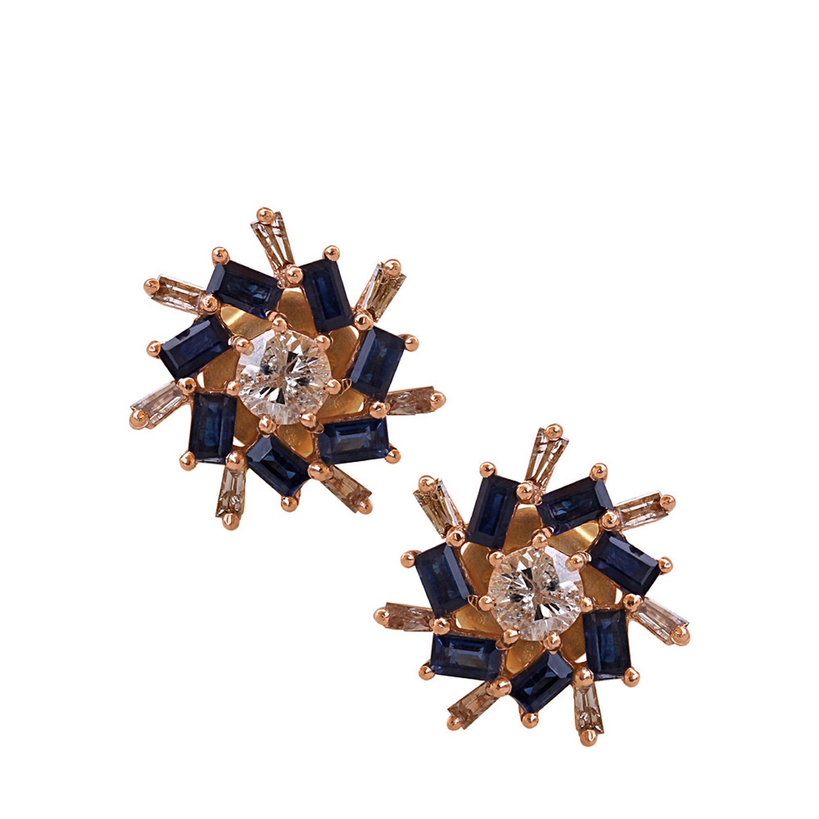 Baguette diamond sapphire 18k gold floral stud earrings