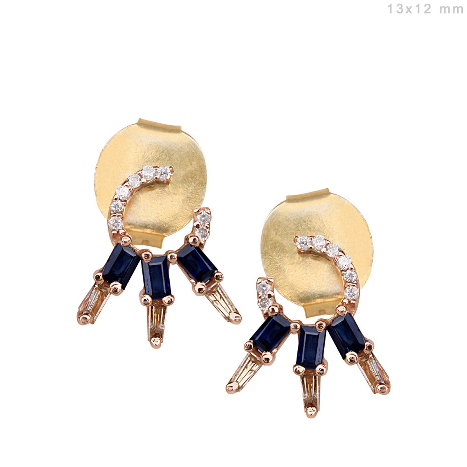 18k Solid rose gold baguette sapphire diamond stud earrings