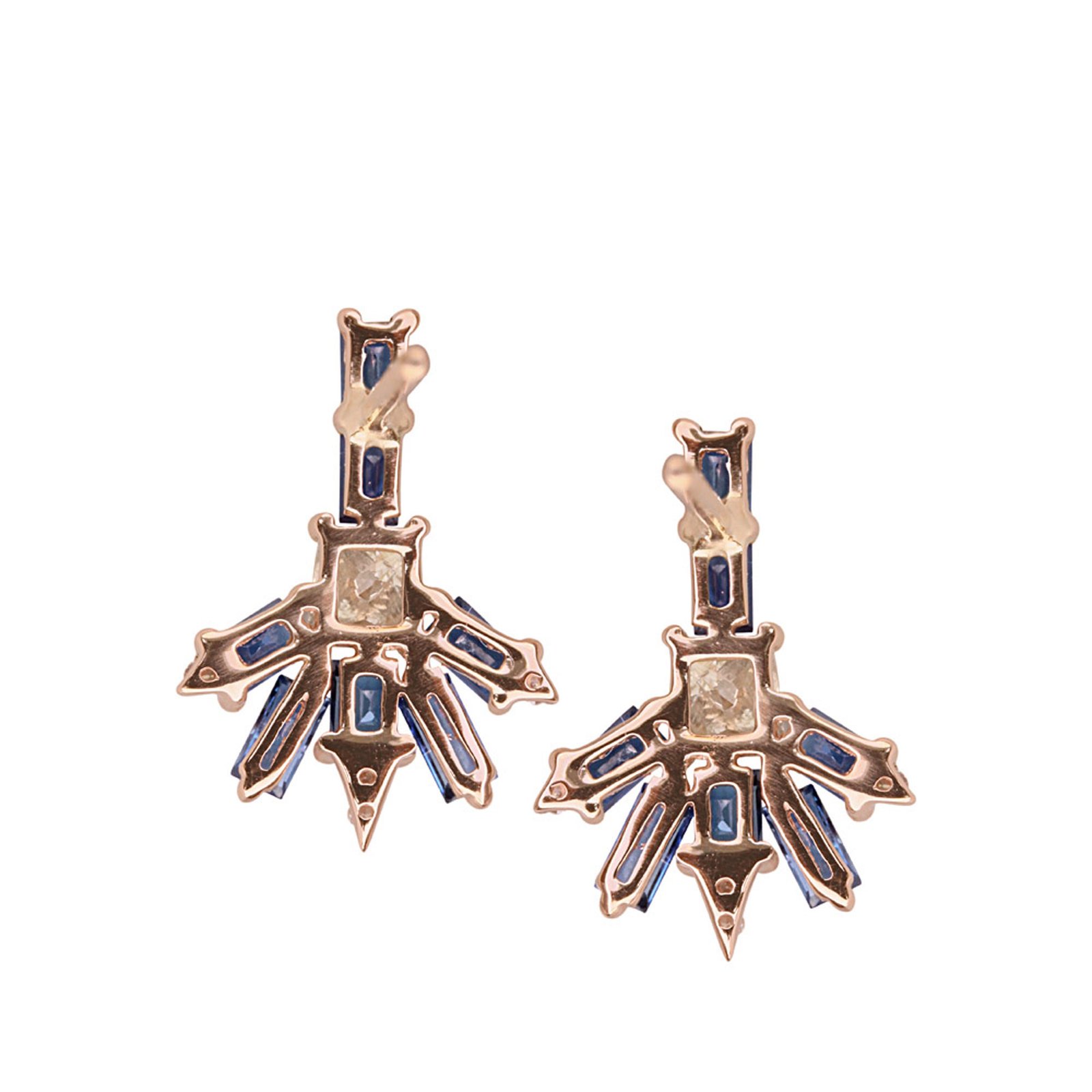 Baguette sapphire diamond stud earrings, 18k solid gold jewelry