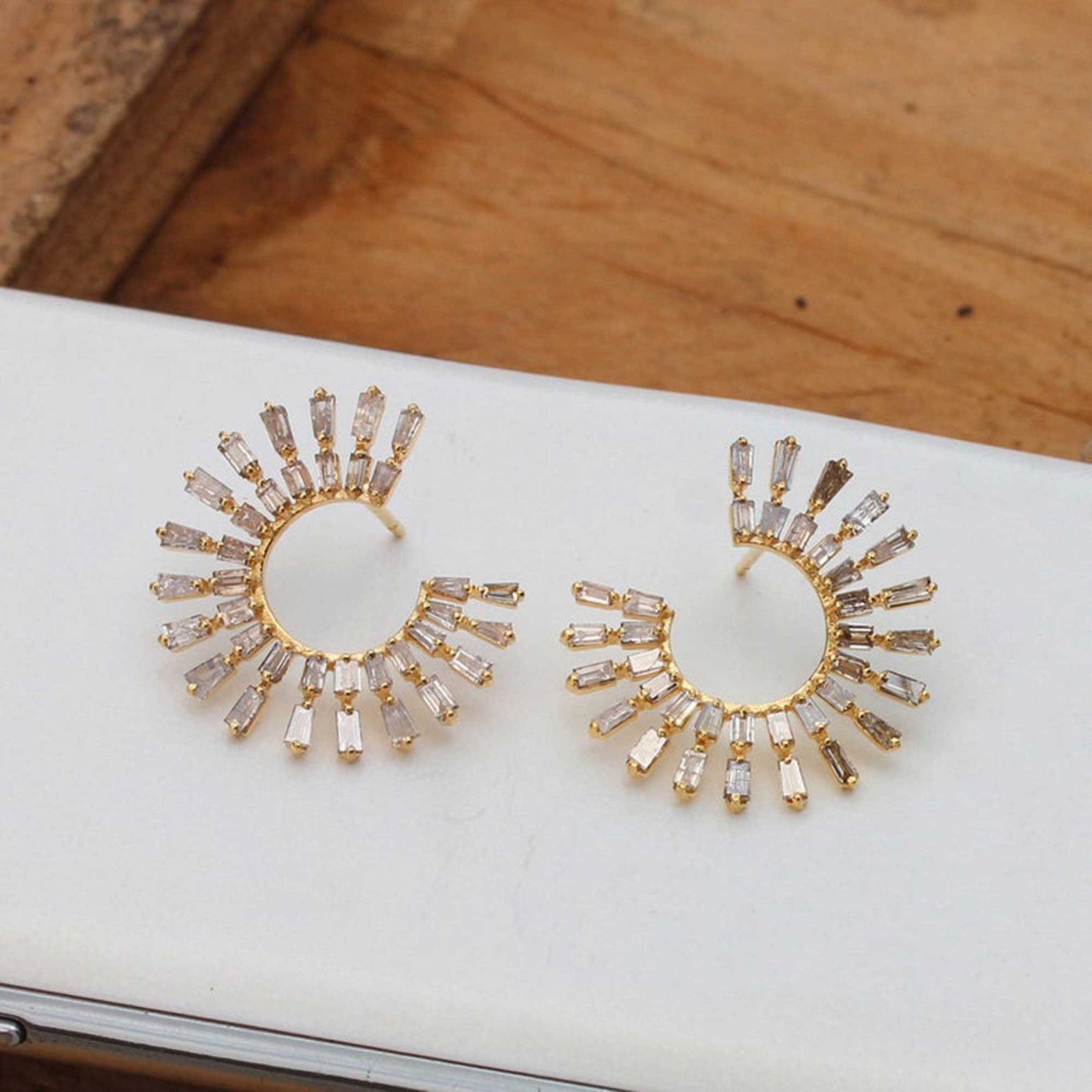 Solid 18k rose gold baguette diamond floral stud earrings
