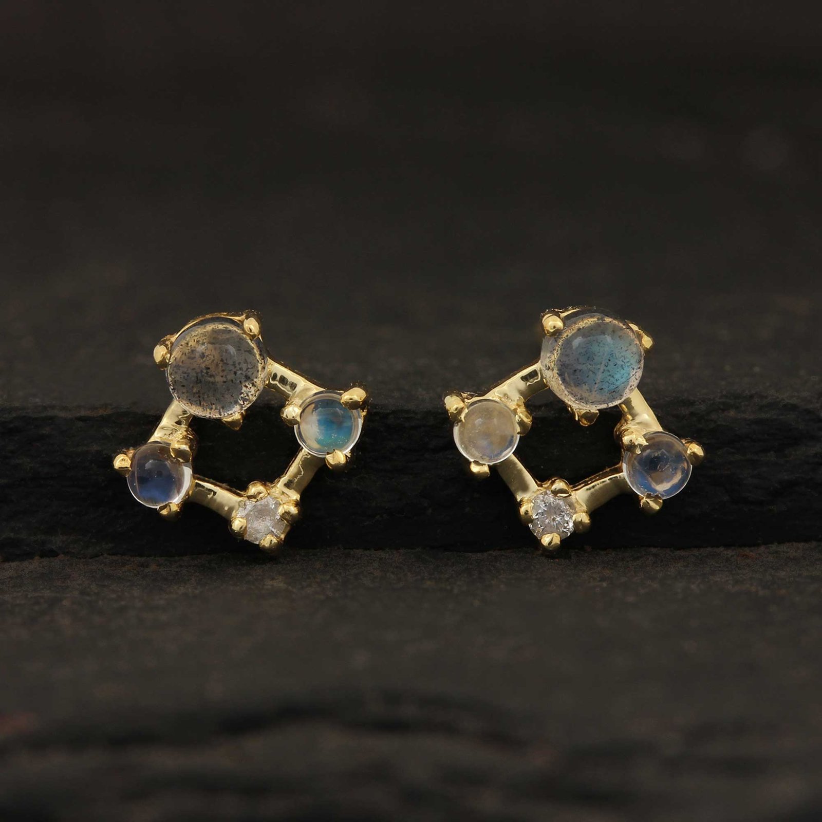14k Solid Gold Diamond Labrodorite & Moonstone Stud Earrings