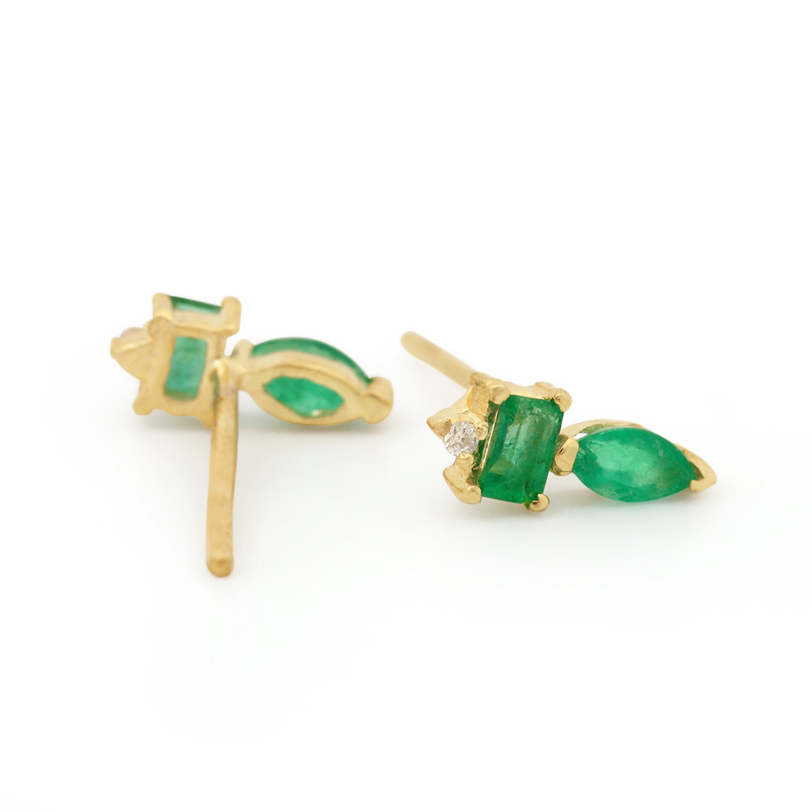 Solid 14k Gold Solitaire Stud Earrings Adorned With Diamond & Emerald