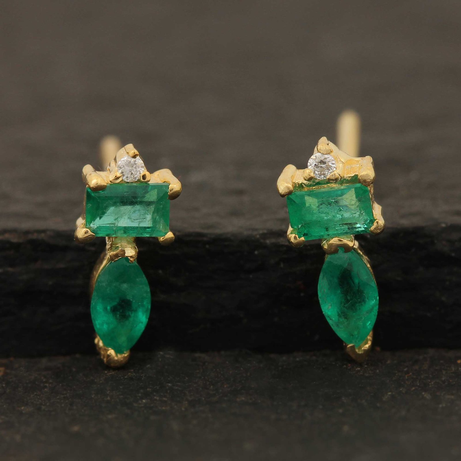 Solid 14k Gold Solitaire Stud Earrings Adorned With Diamond & Emerald