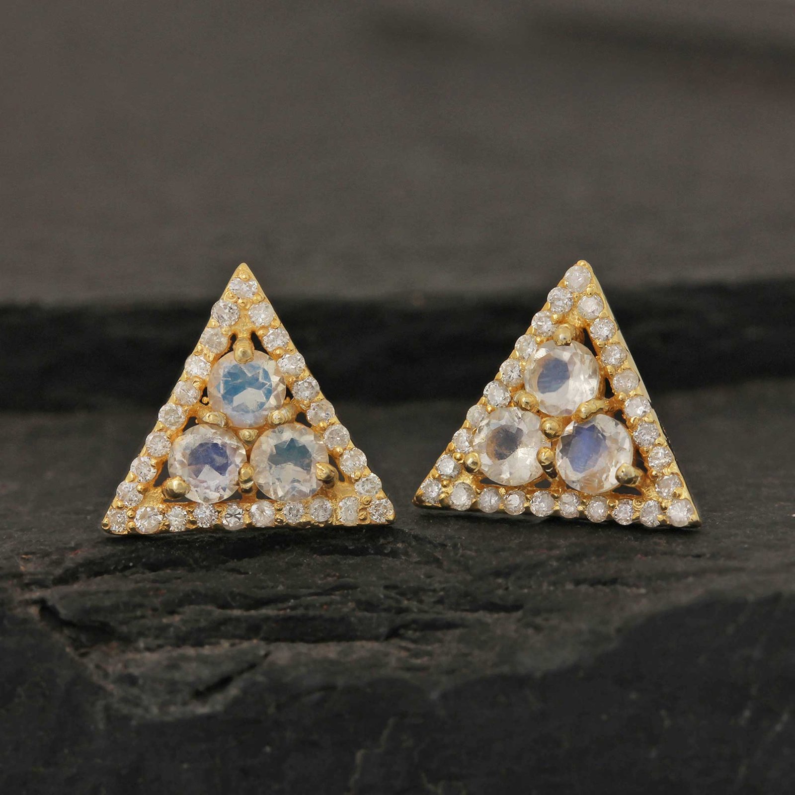 14k Solid Gold Minimalist Stud Earrings Adorned With Diamond & Moonstone