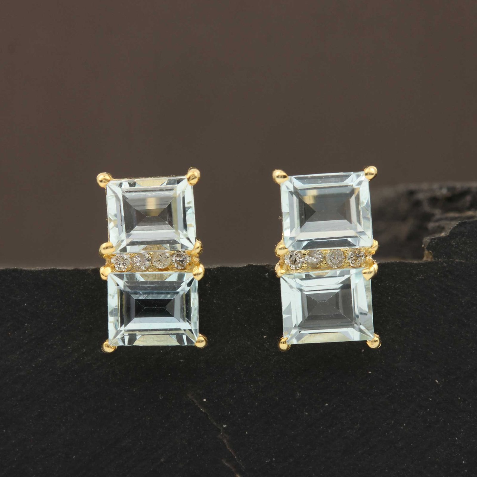14k Solid Gold Diamond Aquamarine Solitaire Stud Earrings