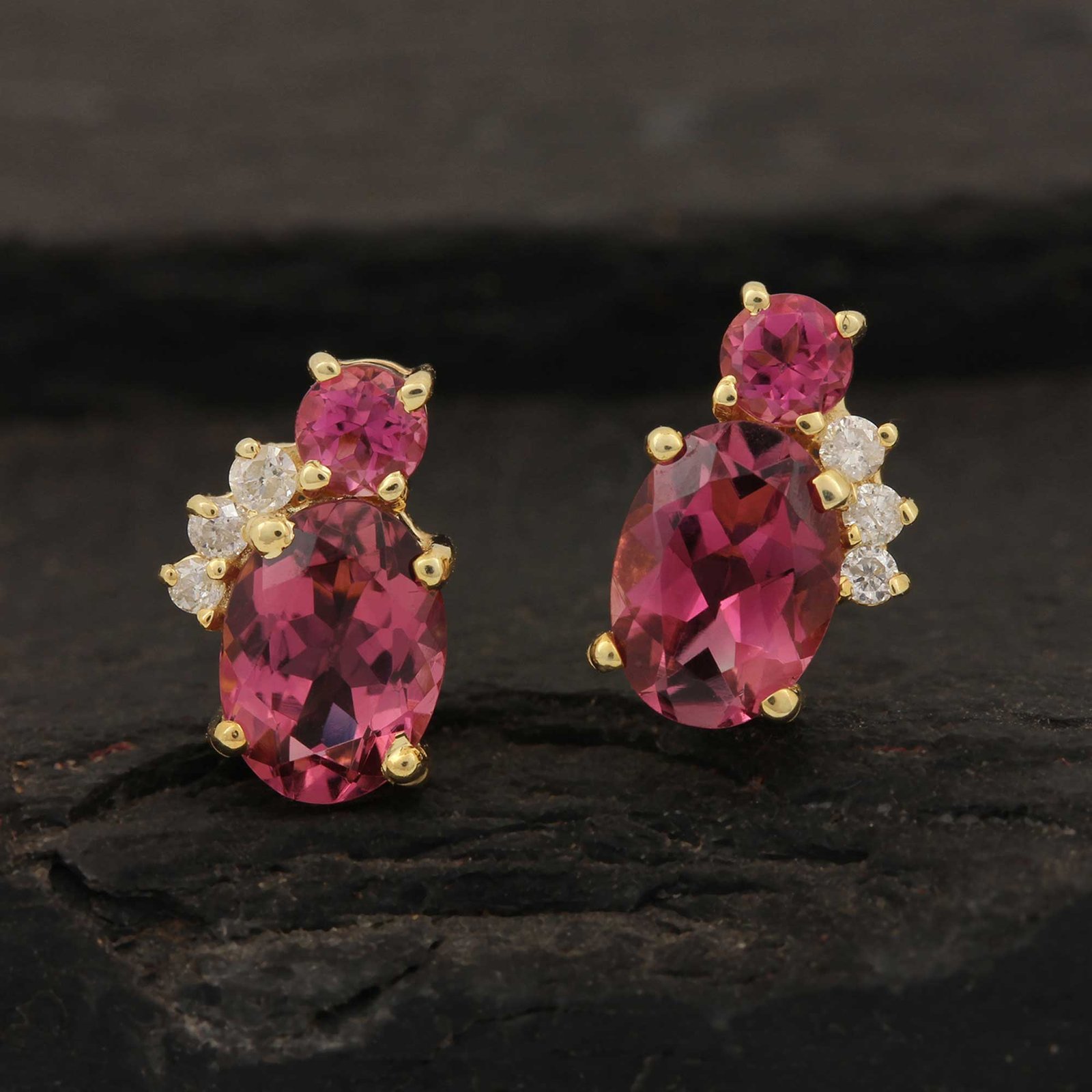 14k Solid Gold Stud Earrings Adorned With Diamond & Pink Tourmaline Gemstone