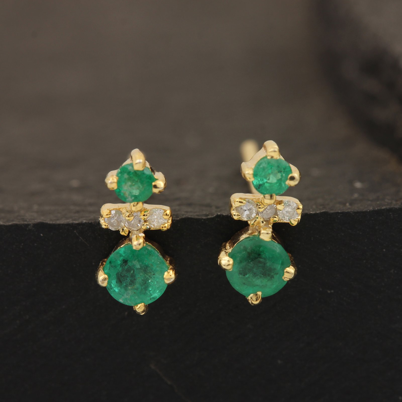 14k Solid Gold Diamond & Natural Emerald Gemstone Stud Earrings