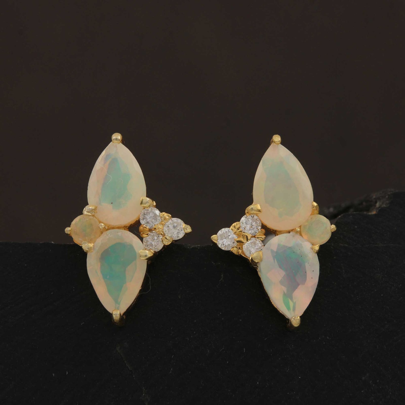 14k Solid Gold Diamond Natural Opal Minimalist Stud Earrings