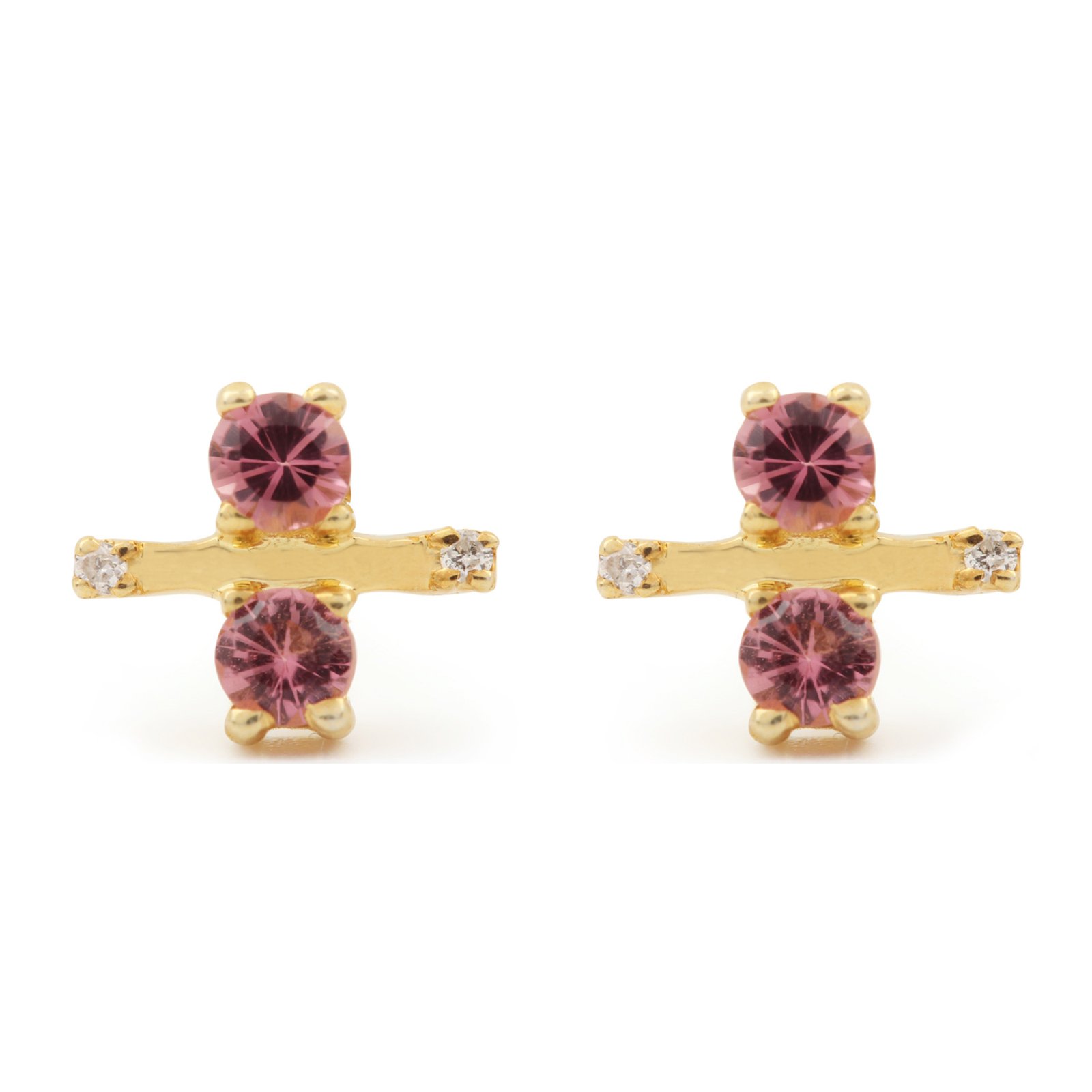 Solid 14k Gold Natural Diamond Pink Tourmaline Minimalist Stud Earrings