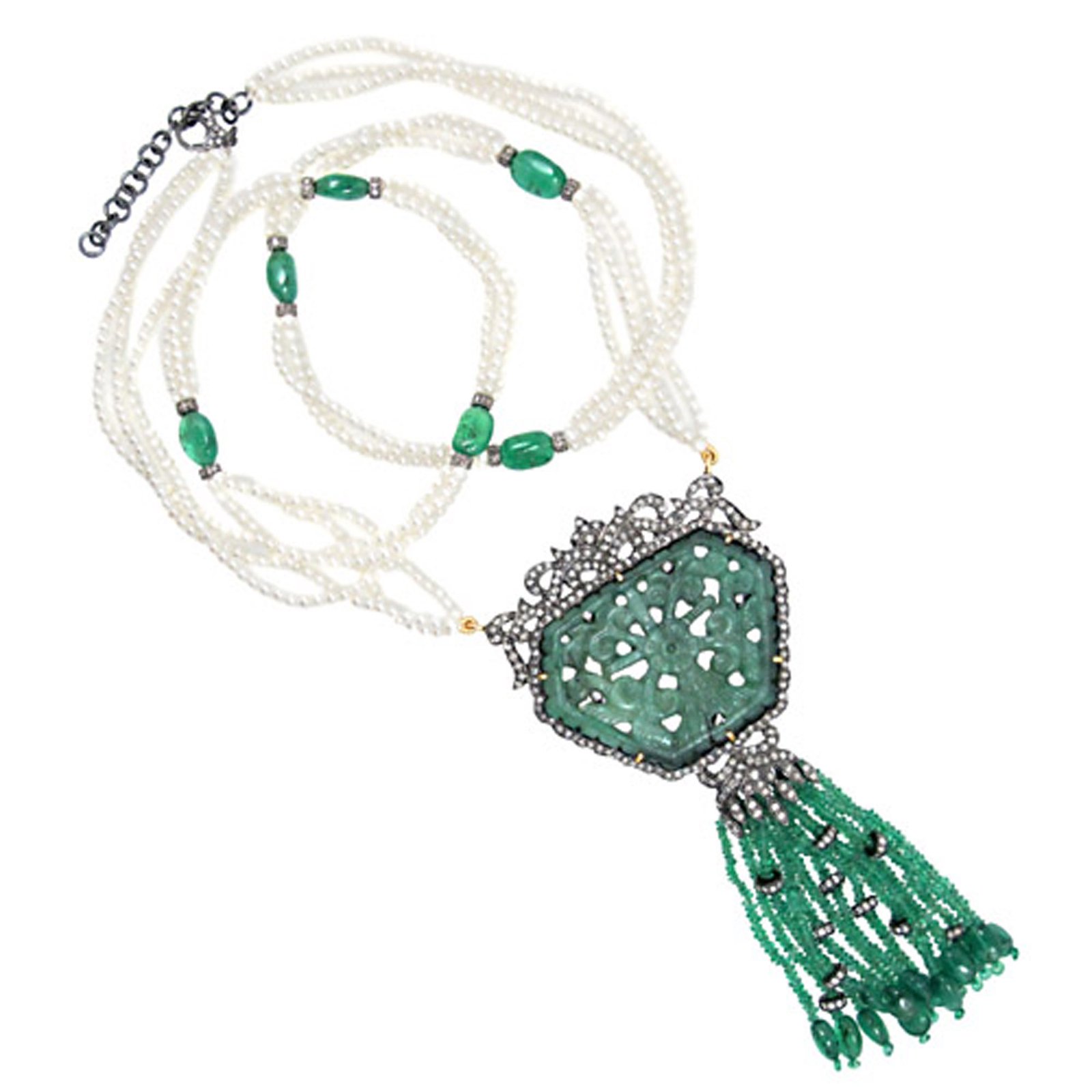 Emerald carving pendant pearl tassel necklace