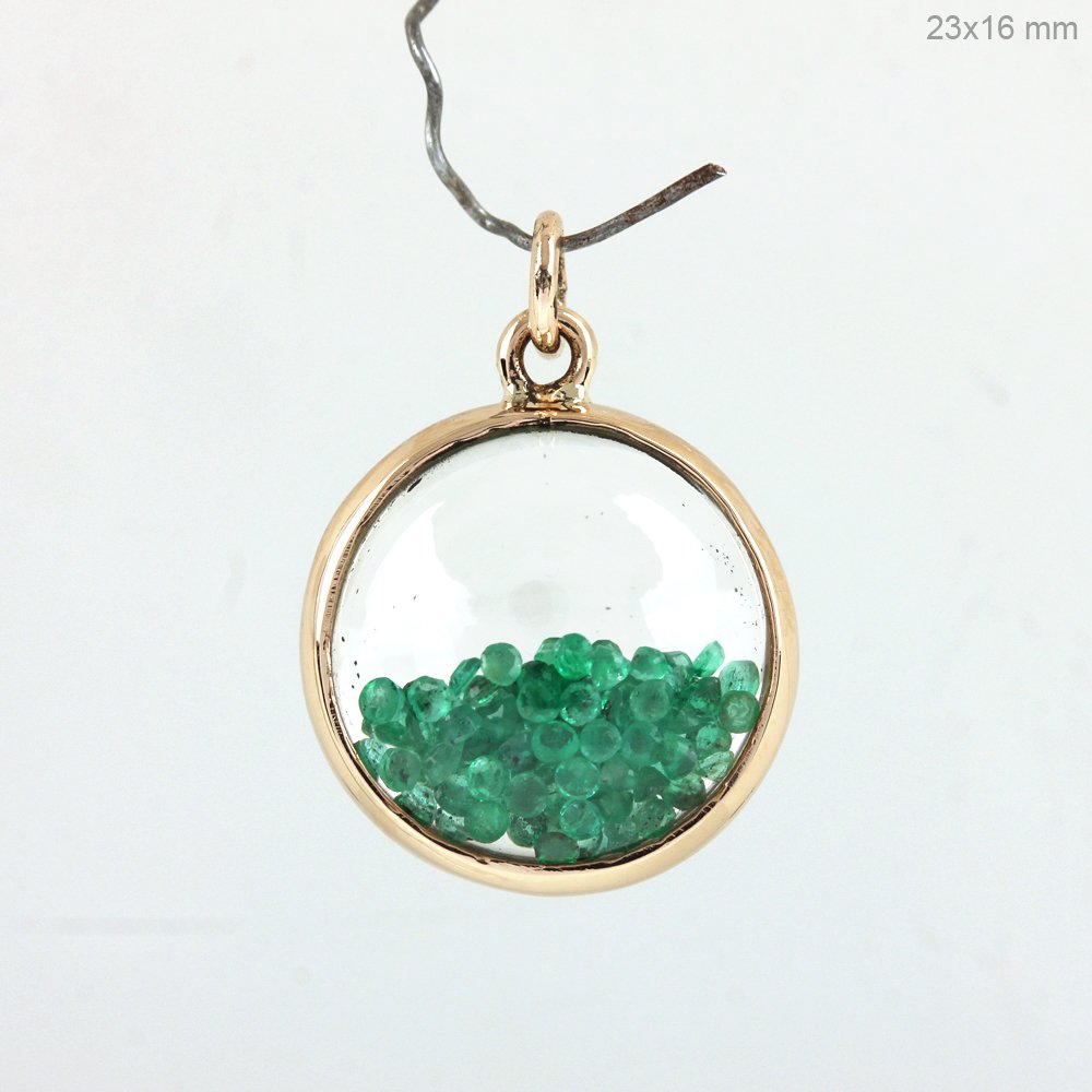 14k solid crystal shaker pendant with emerald gemsone