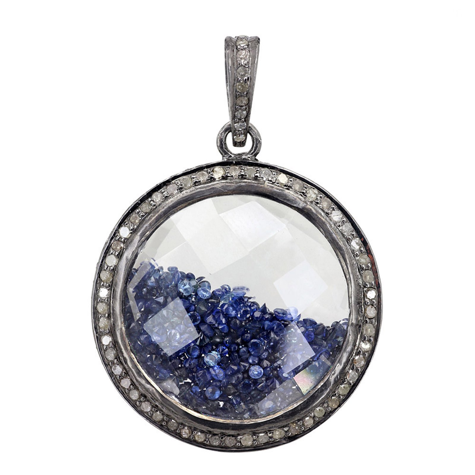 Natural sapphire & diamond crystal shaker pendant made in silver