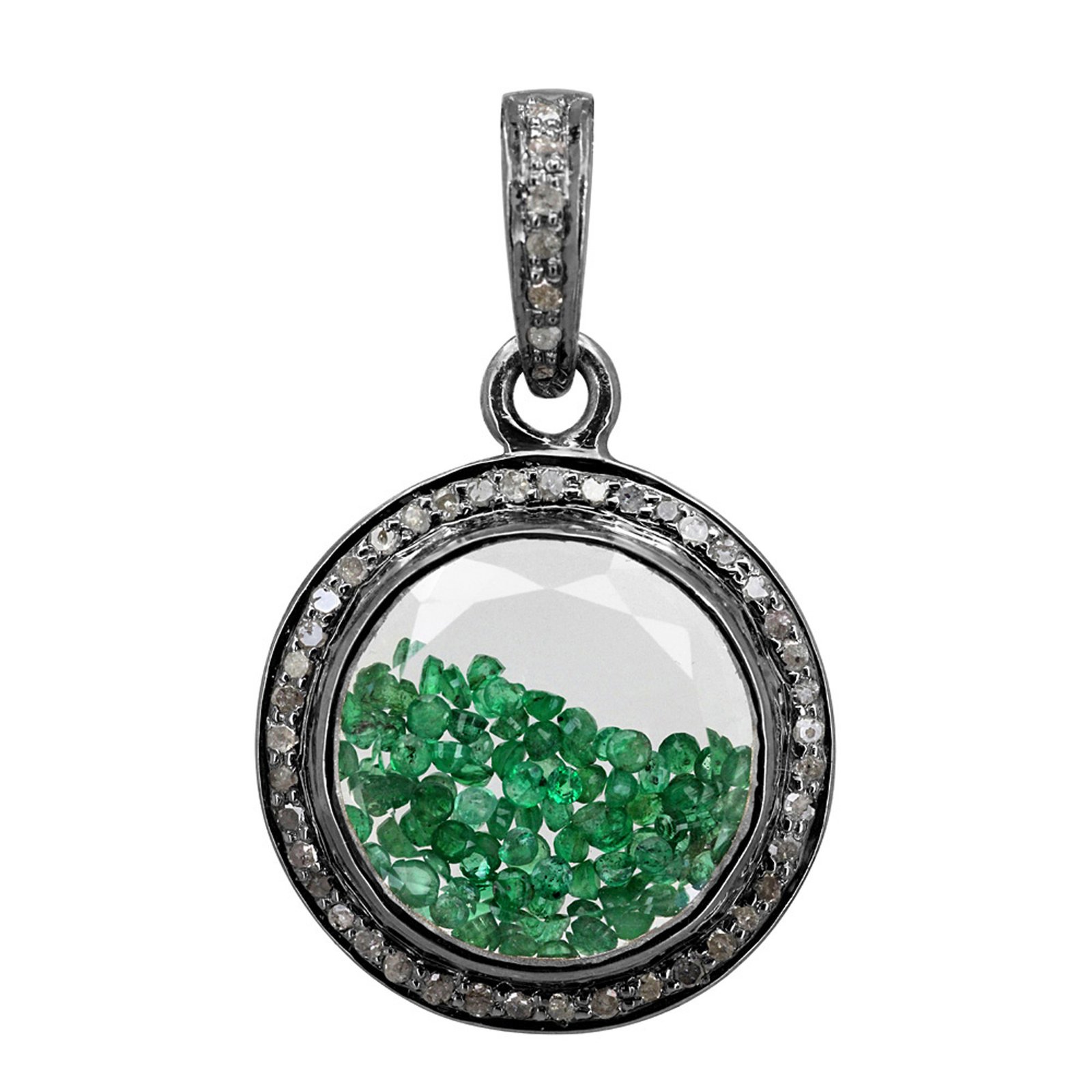 925 sterling silver loose emerald & diamond crystal shaker pendant