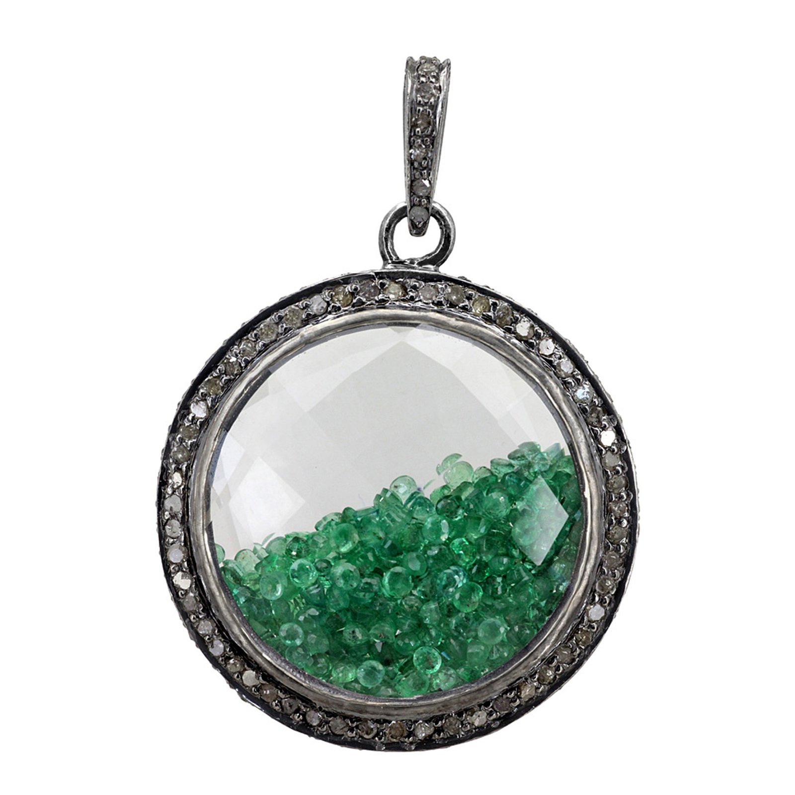 Natural emerald & diamond crystal shaker pendant made in silver