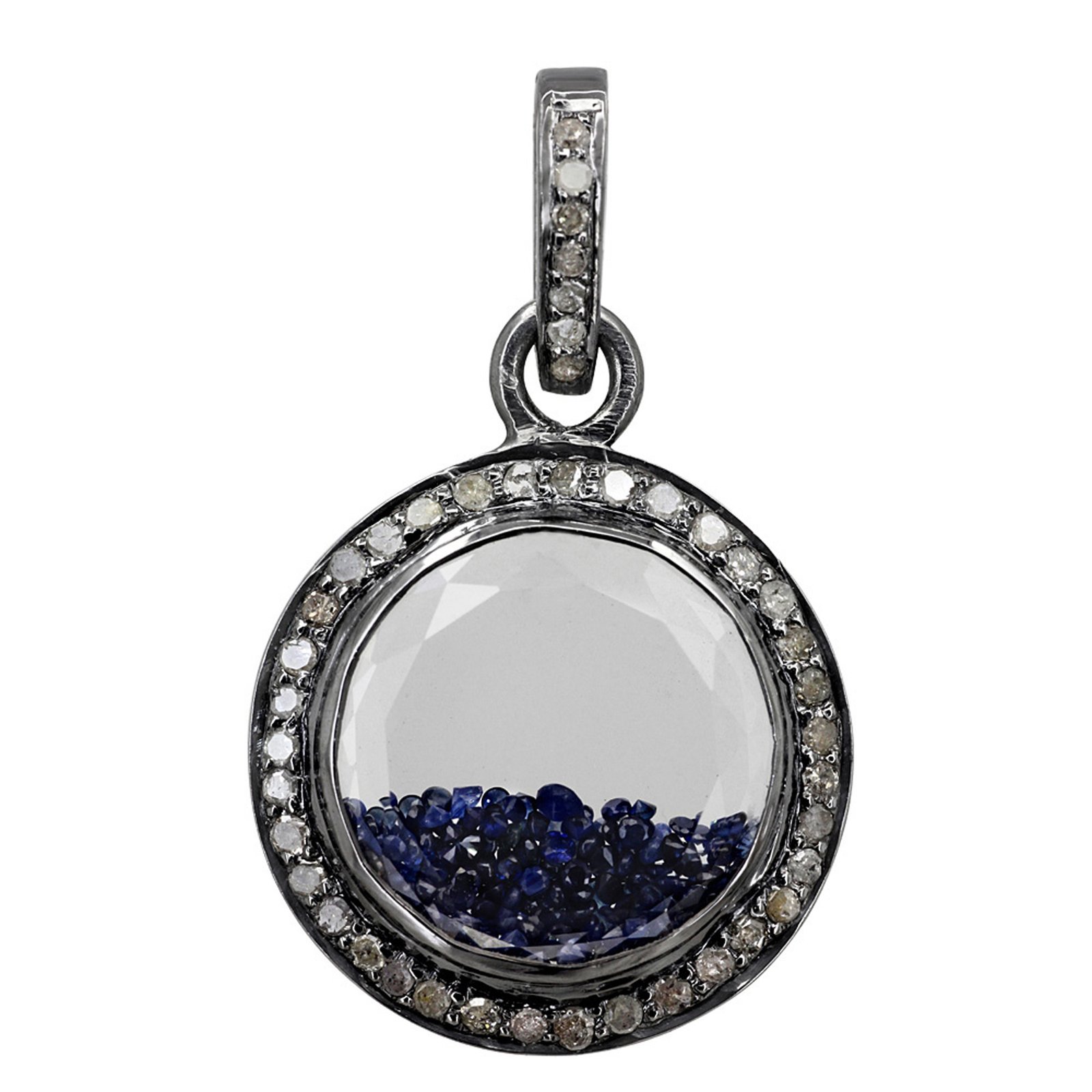925 sterling silver diamond crystal shaker pendant with blue sapphire