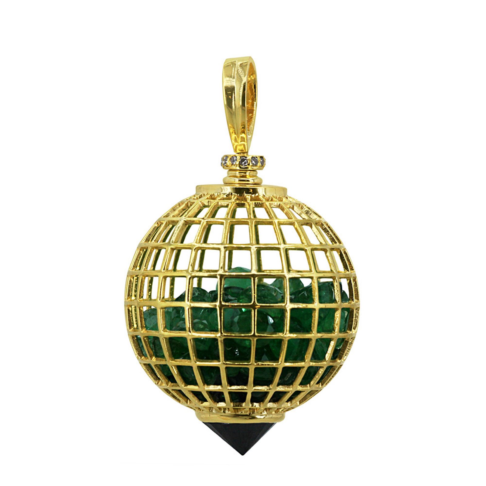 18k solid gold real diamond emerald cage shaker pendant with spinel