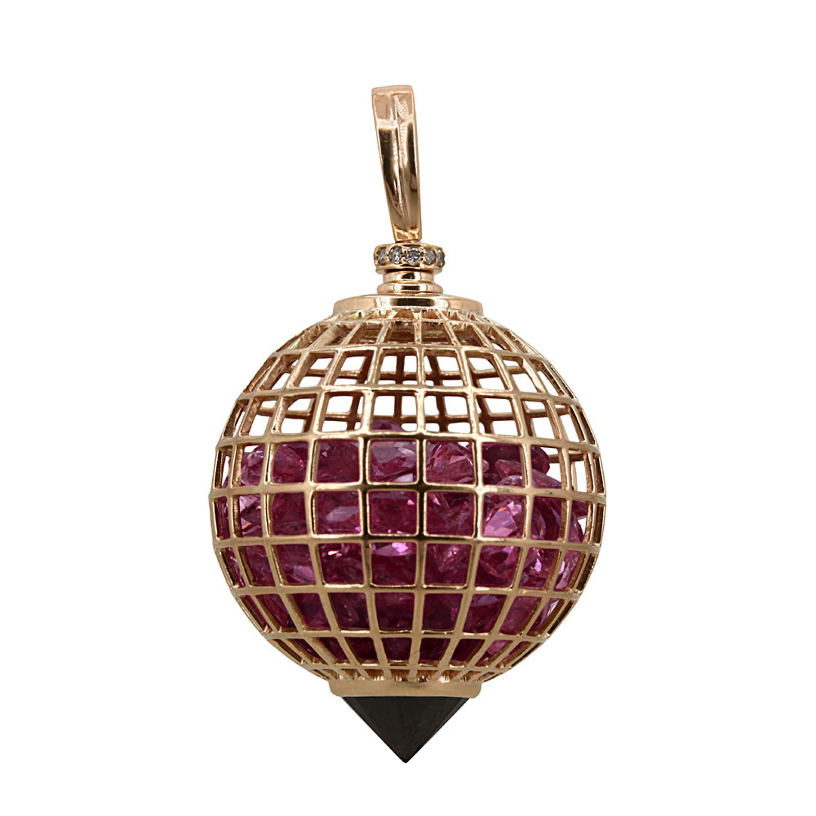 18k gold diamond tourmaline cage shaker pendant with black spinel
