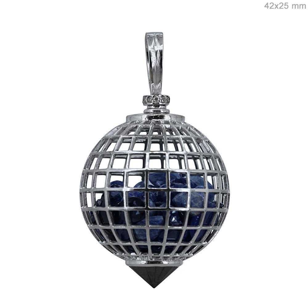 Real diamond sapphire cage shaker pendant with black spinel made in 18k gold