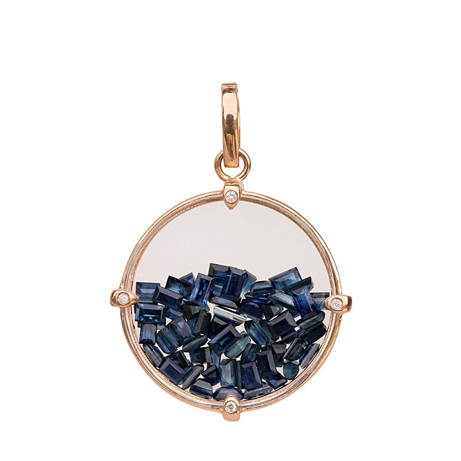18k solid gold blue sapphire crystal shaker pendant with diamond