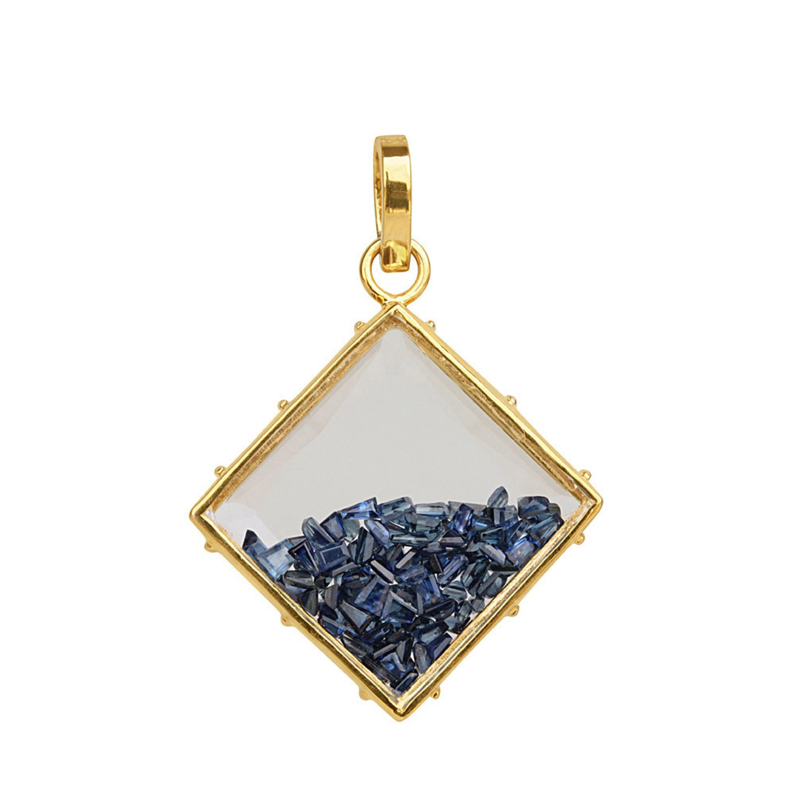 18k solid gold crystal shaker pendant with blue sapphire