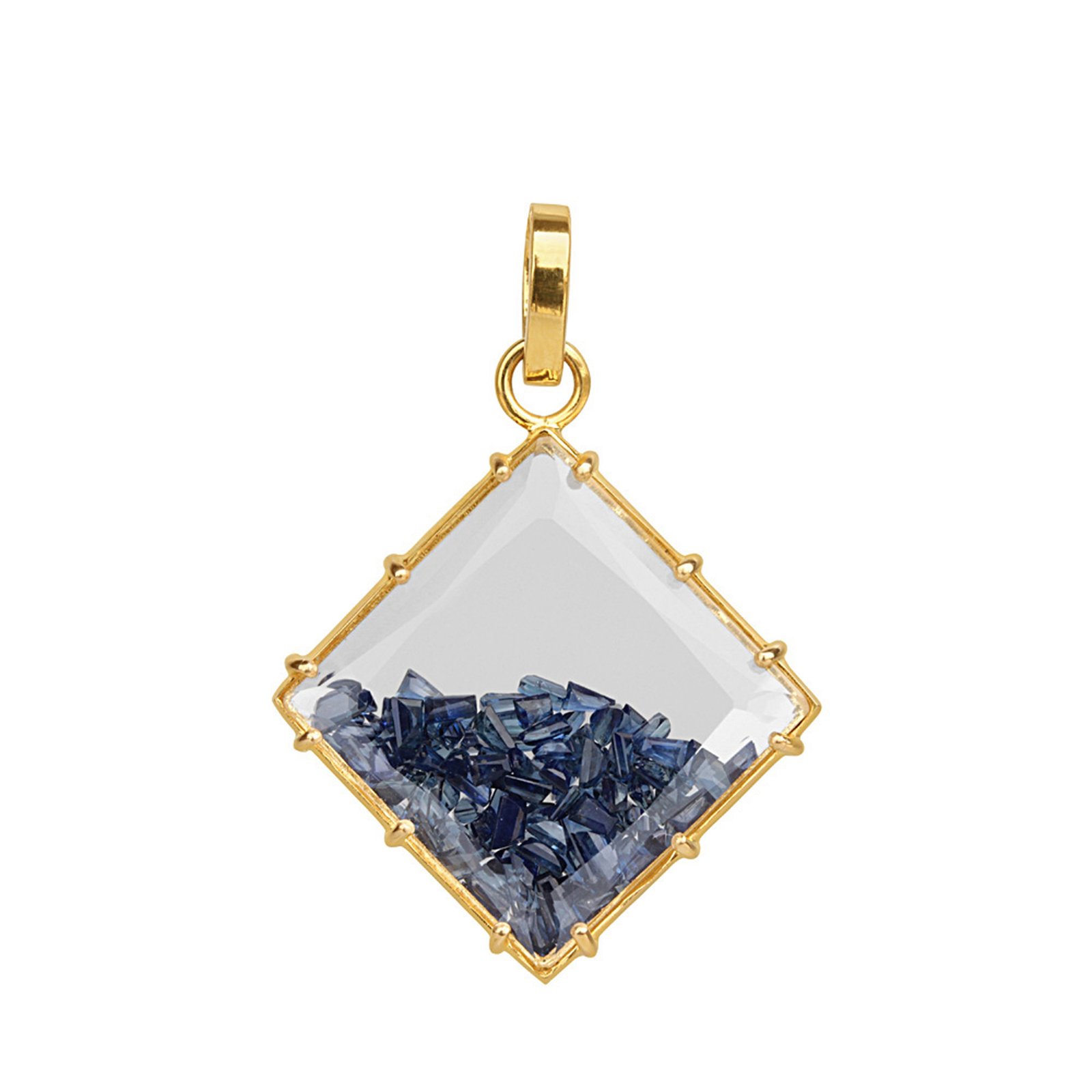 18k solid gold crystal shaker pendant with blue sapphire