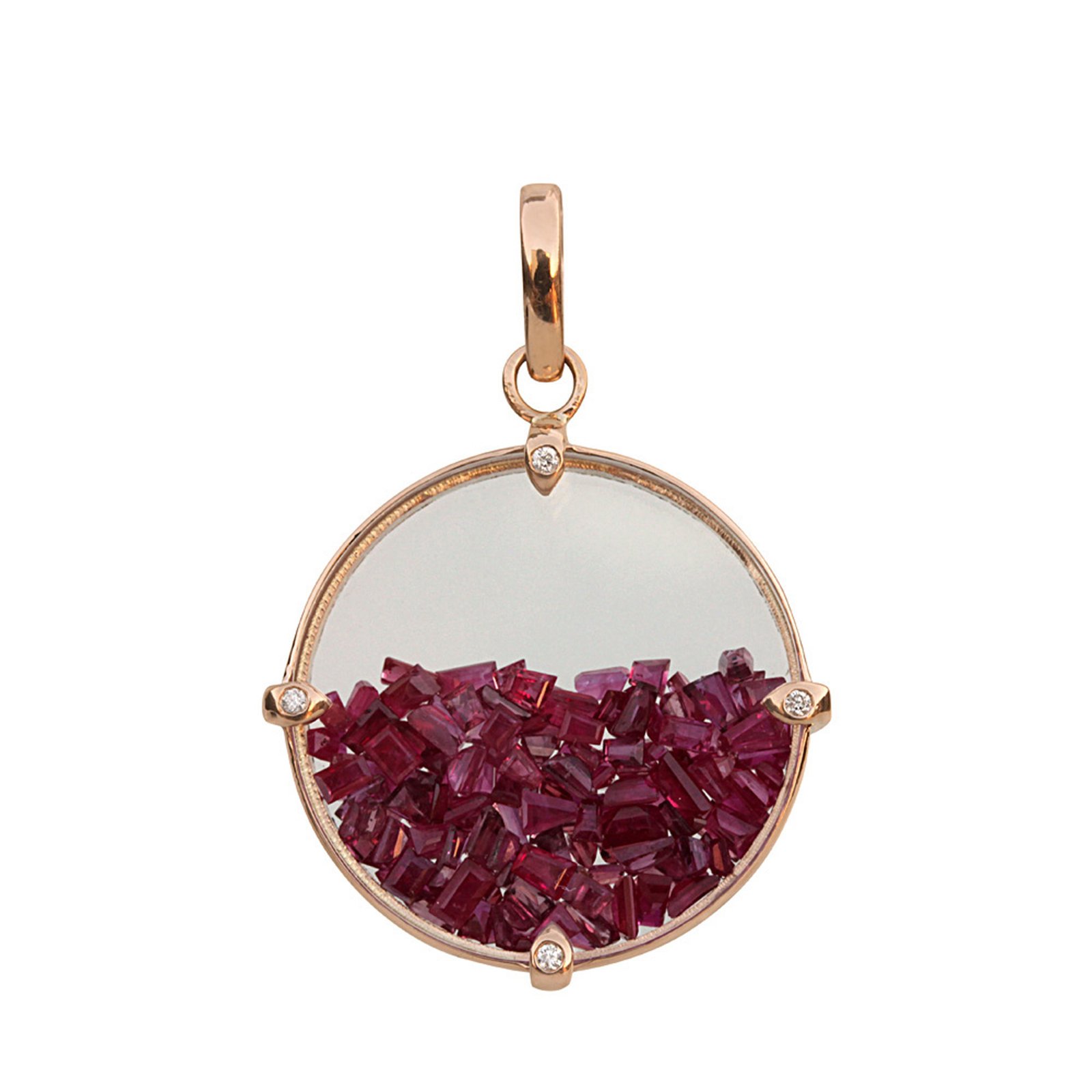 Natural diamond & ruby crystal shaker pendant with 18k solid gold