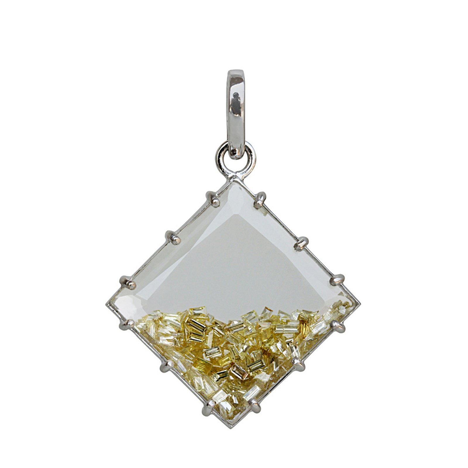 18k solid white gold crystal shaker pendant wih baguette diamond