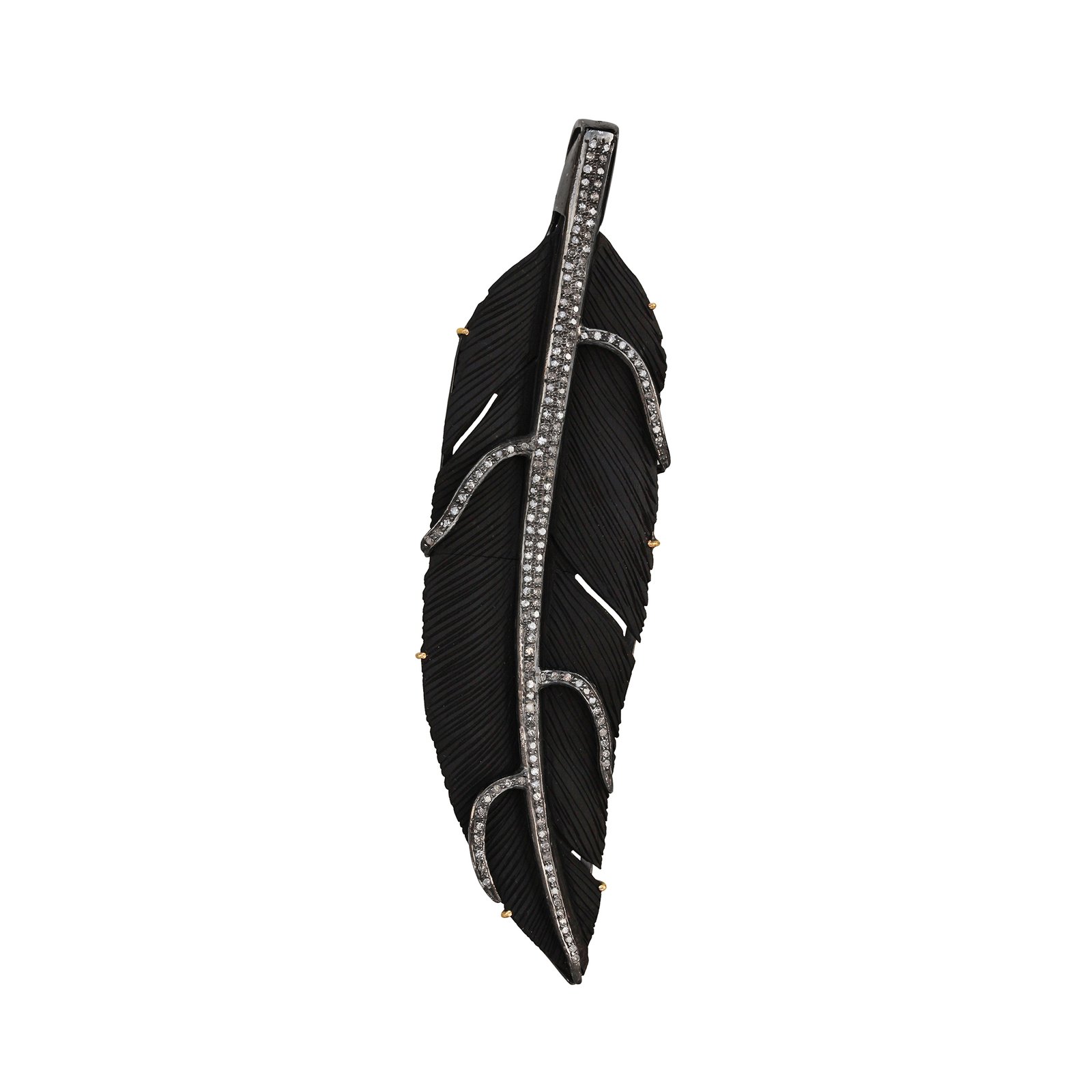 Pave Diamond Ivory Carved Feather Pendant Gold 925 Sterling Silver Jewelry
