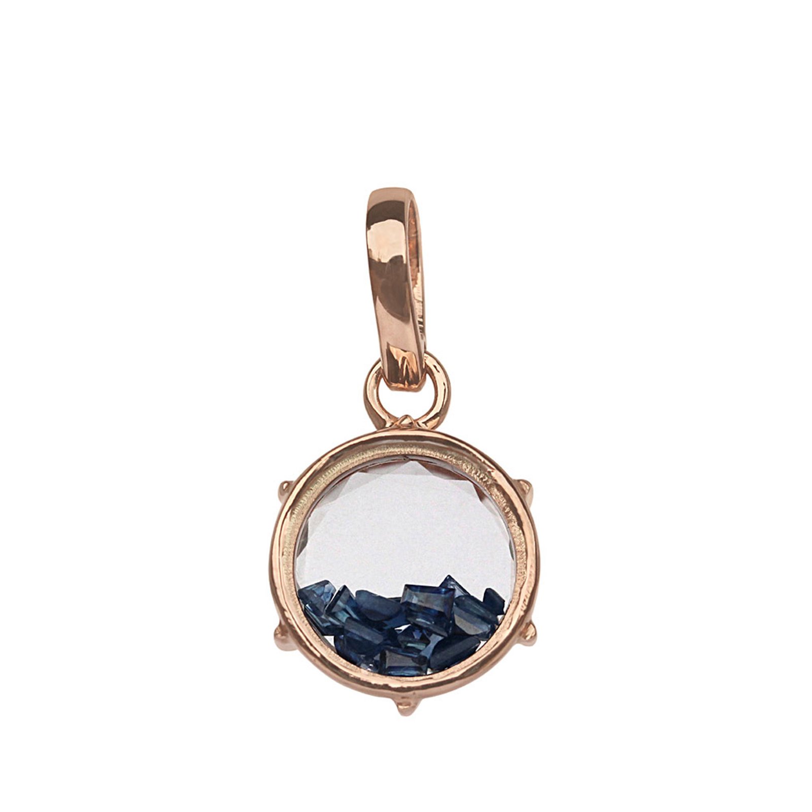 Solid 18k rose gold crystal shaker pendant with blue sapphire
