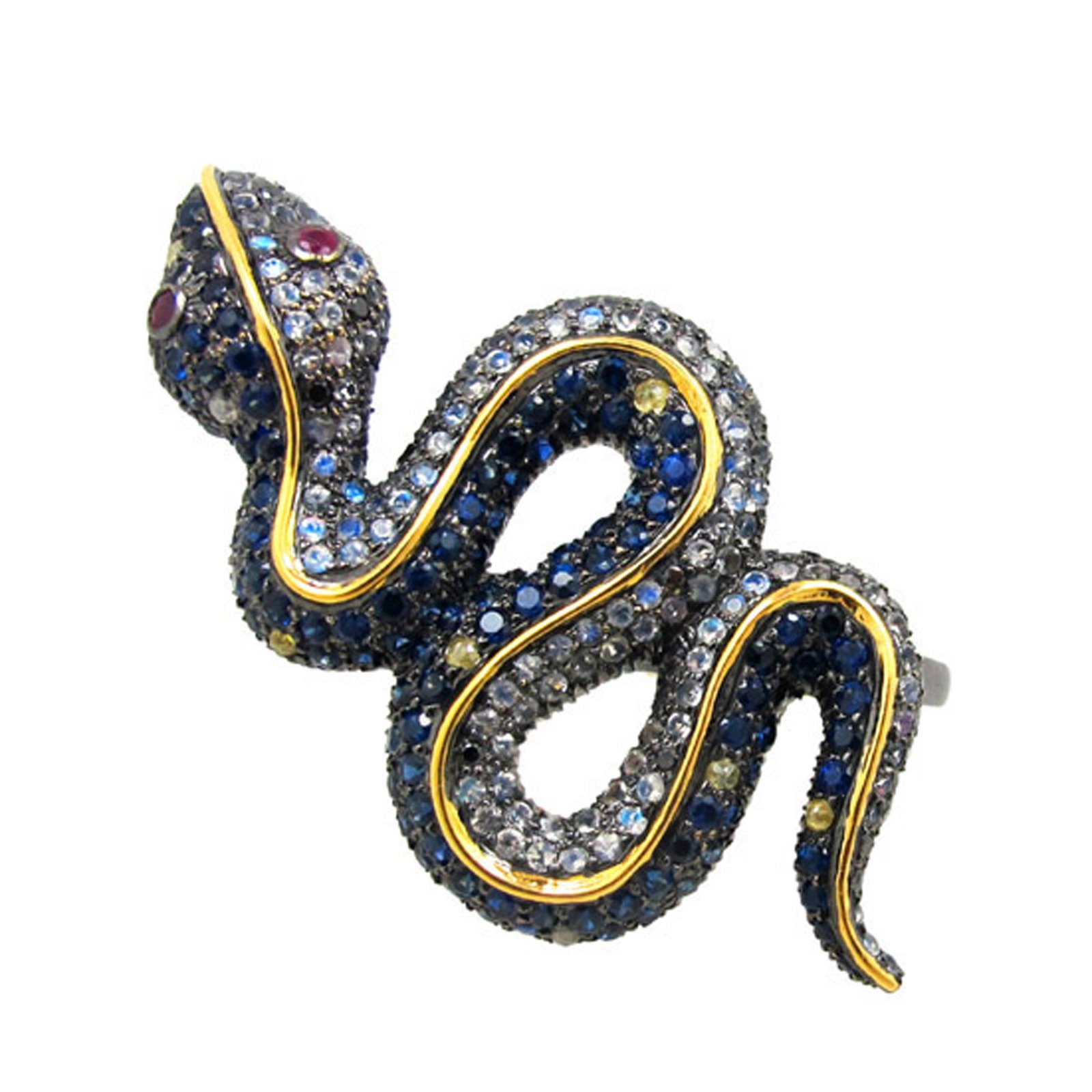 14k Gold line design multi gemstone two finger snake ring