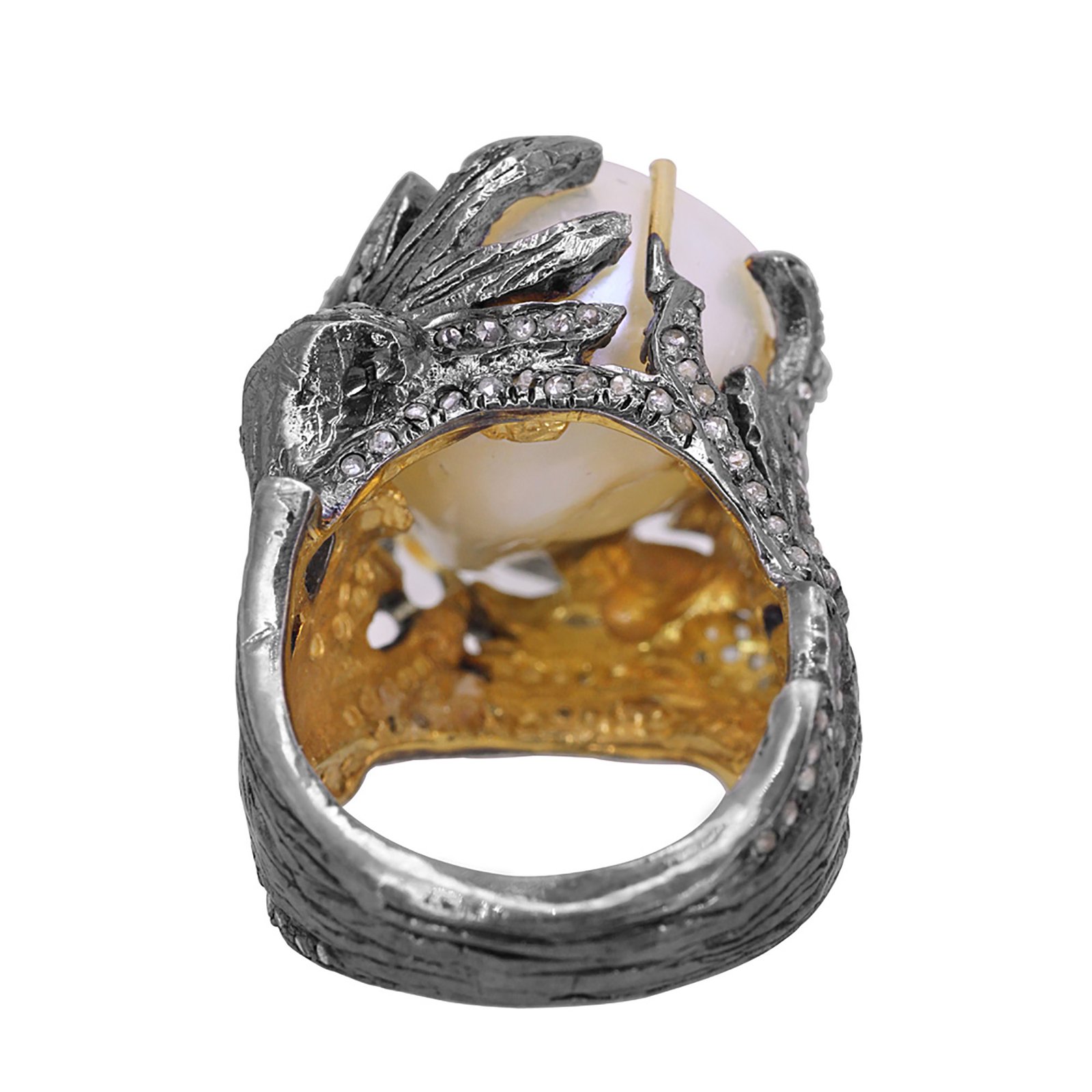 solid gold & silver dome ring, real diamond & pearl fine jewelry