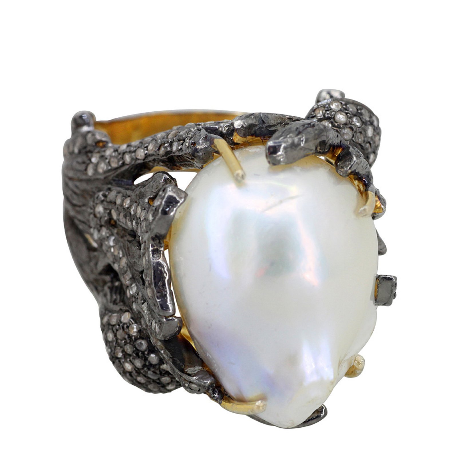 solid gold & silver dome ring, real diamond & pearl fine jewelry