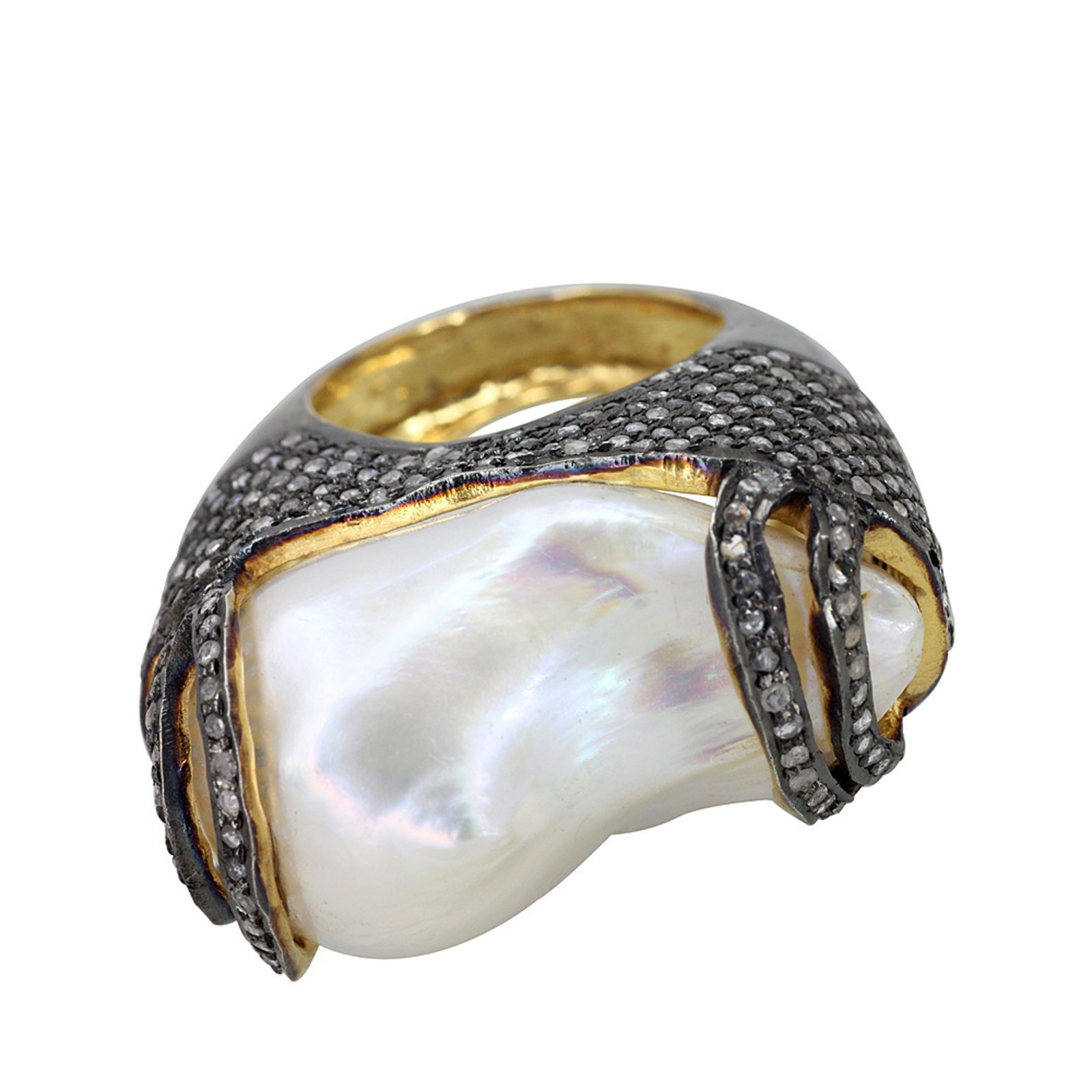 2.26ct diamond pearl designer dome ring, 14k gold & silver ring