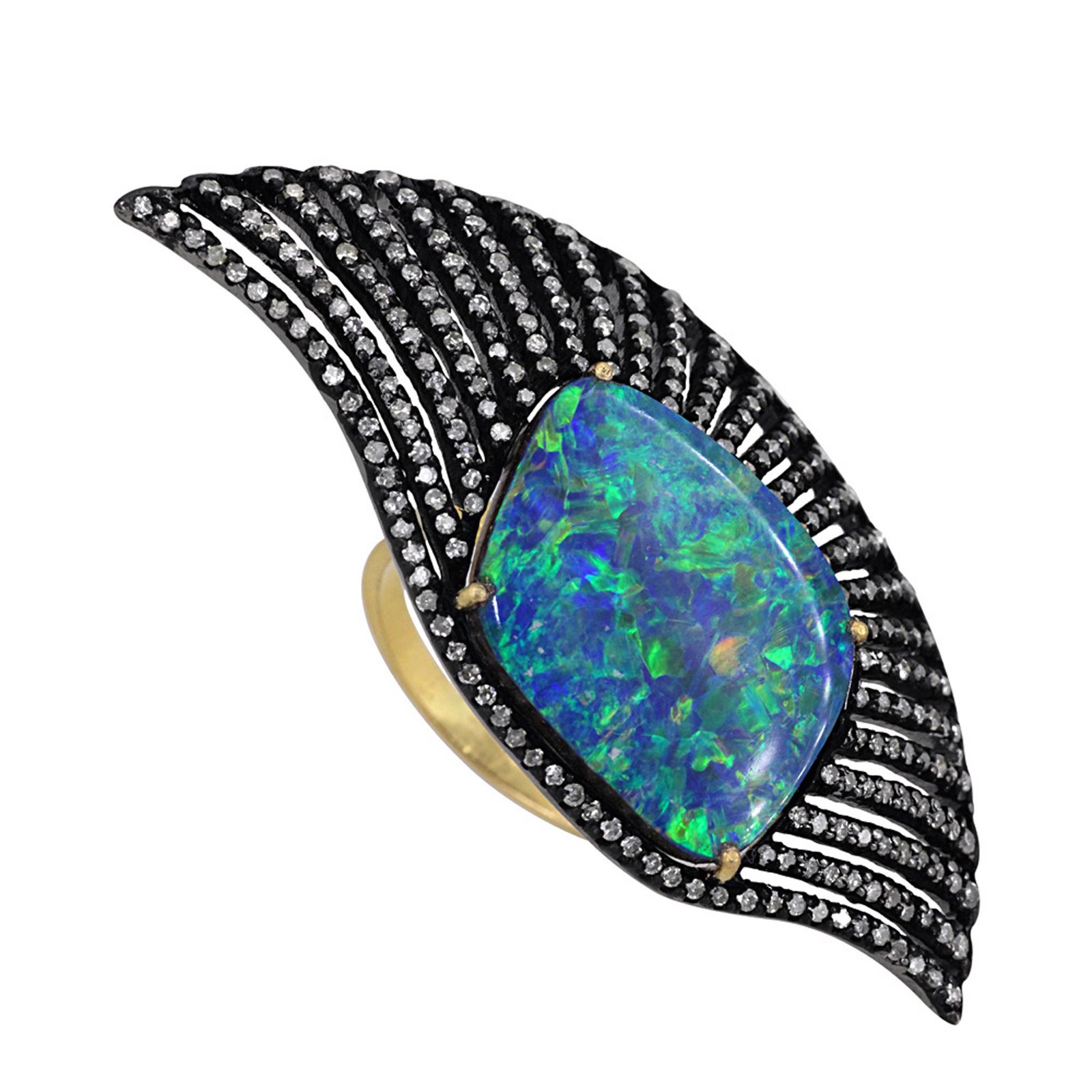 14k gold & silver diamond opal leaf shape ring jewelry
