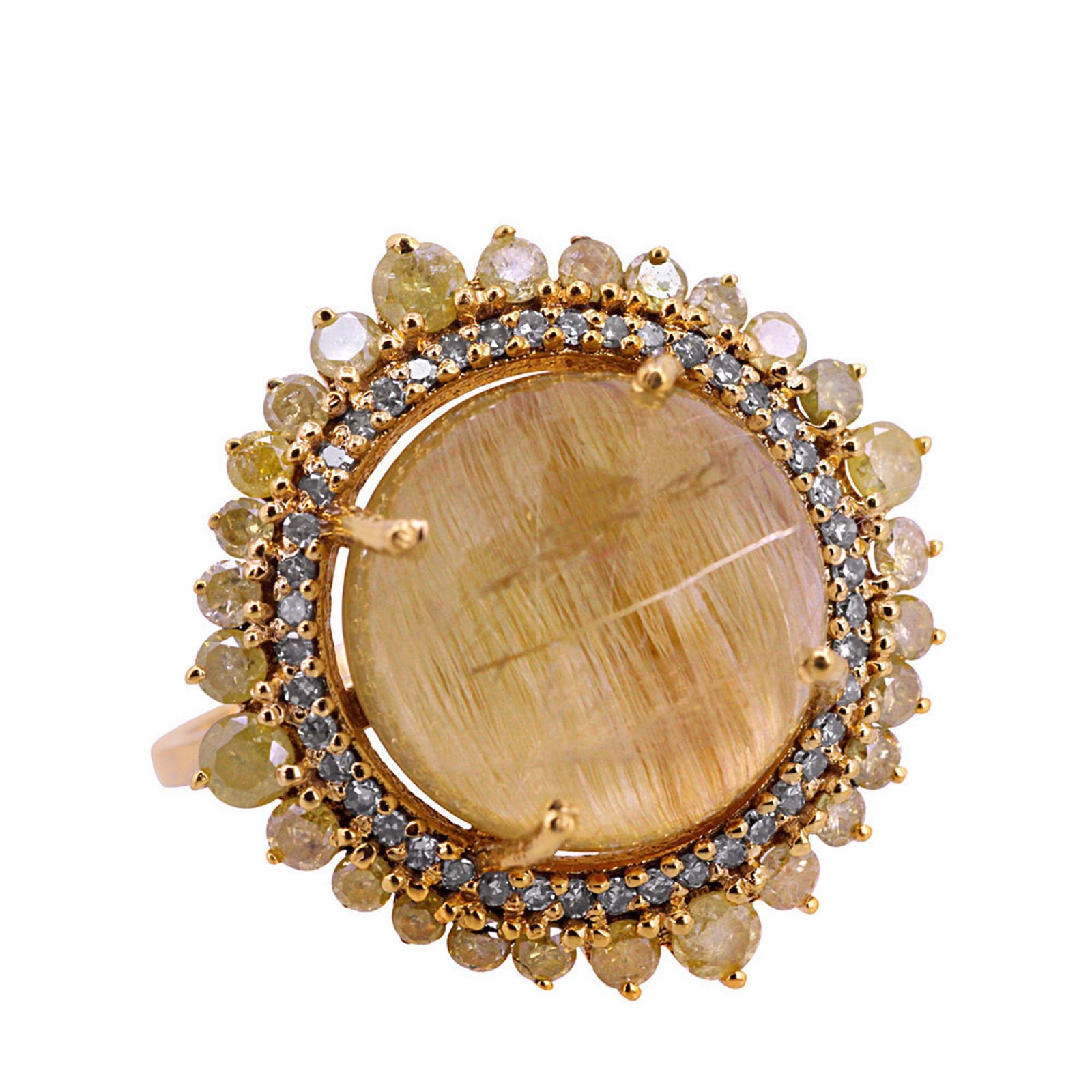 Real diamond rutile quartz gemstone round ring set in 18k gold