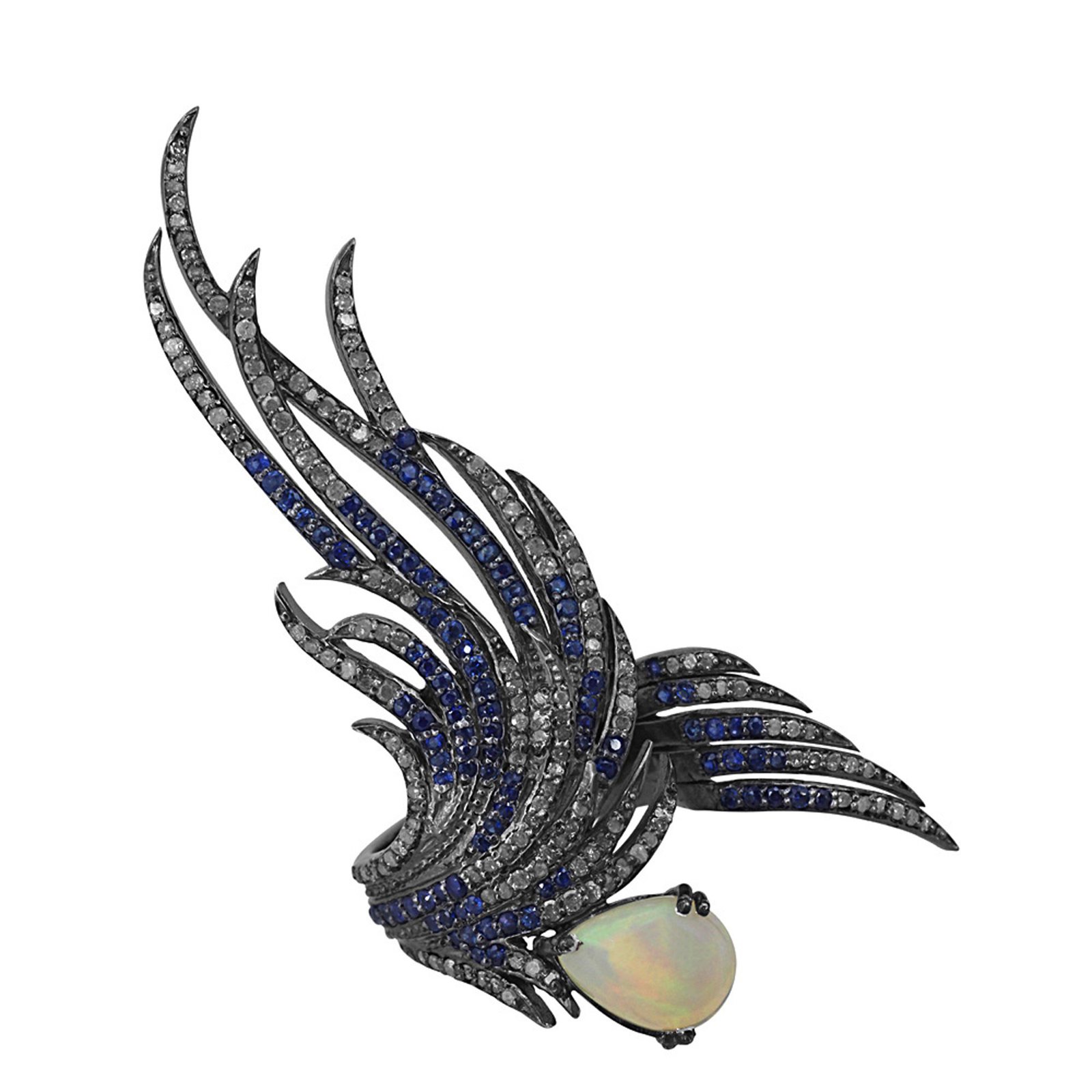 Sapphire & opal pave diamond 925 silver full finger feather ring