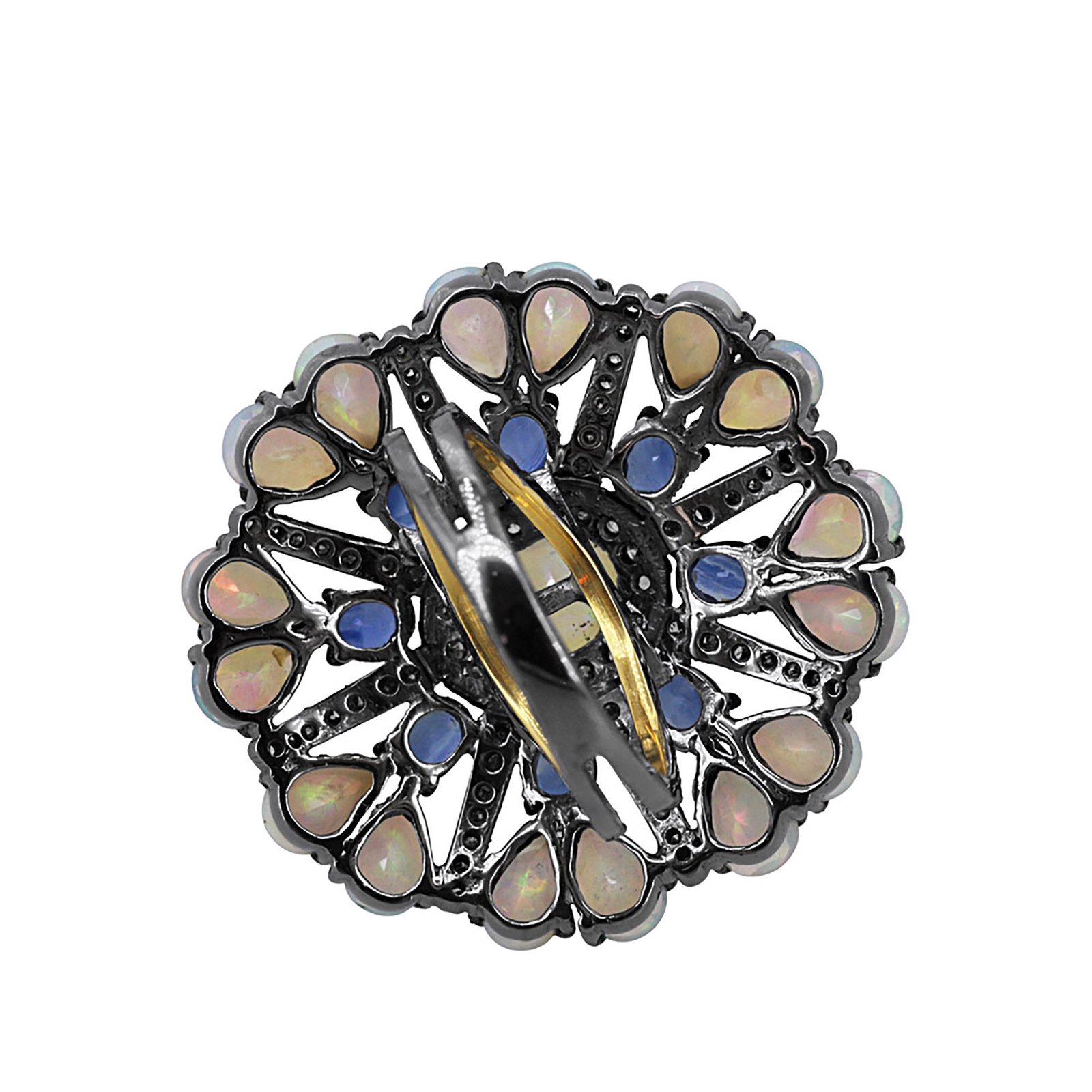 Blue sapphire & opal gemstone ring, 925 silver & 14k gold diamond jewelry