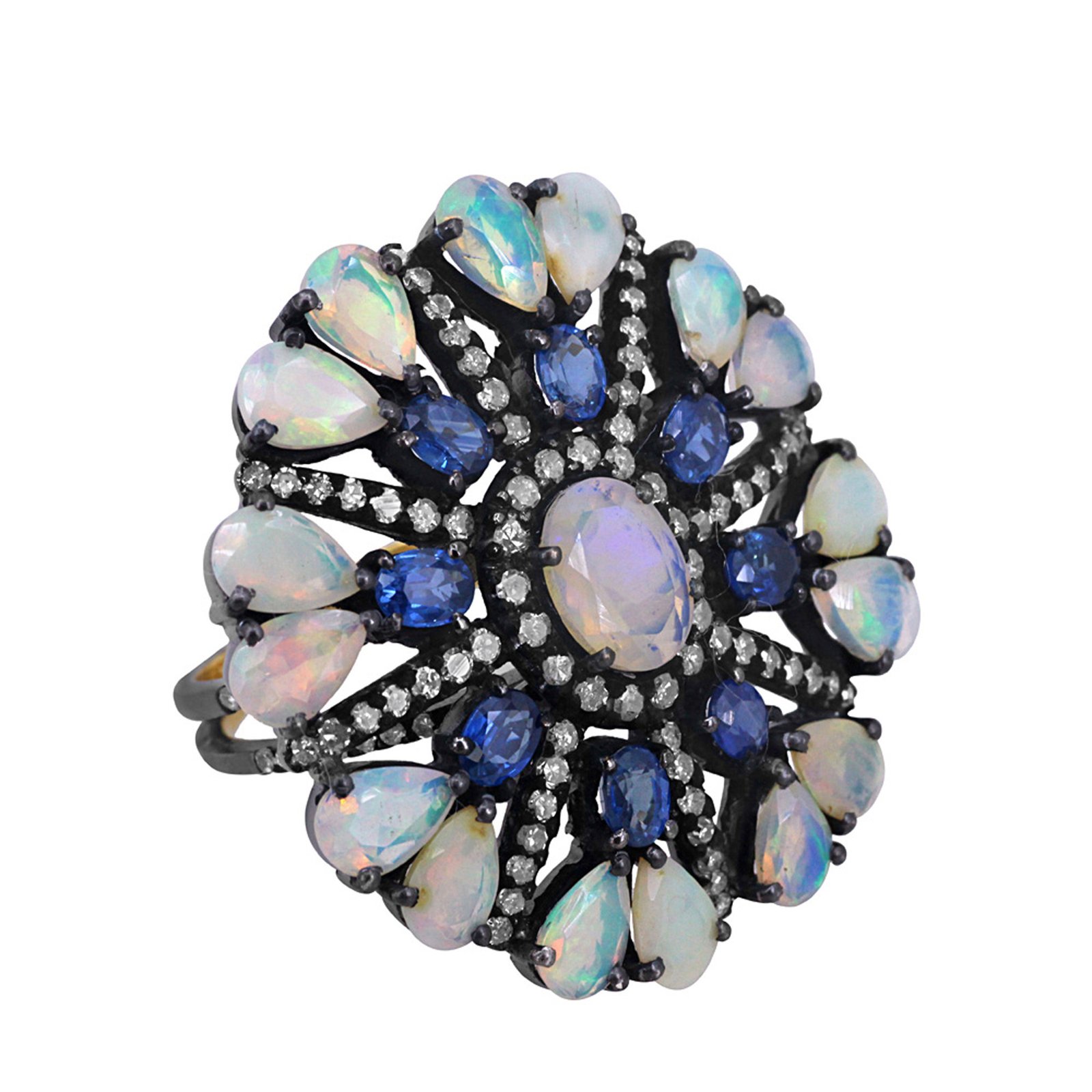 Blue sapphire & opal gemstone ring, 925 silver & 14k gold diamond jewelry