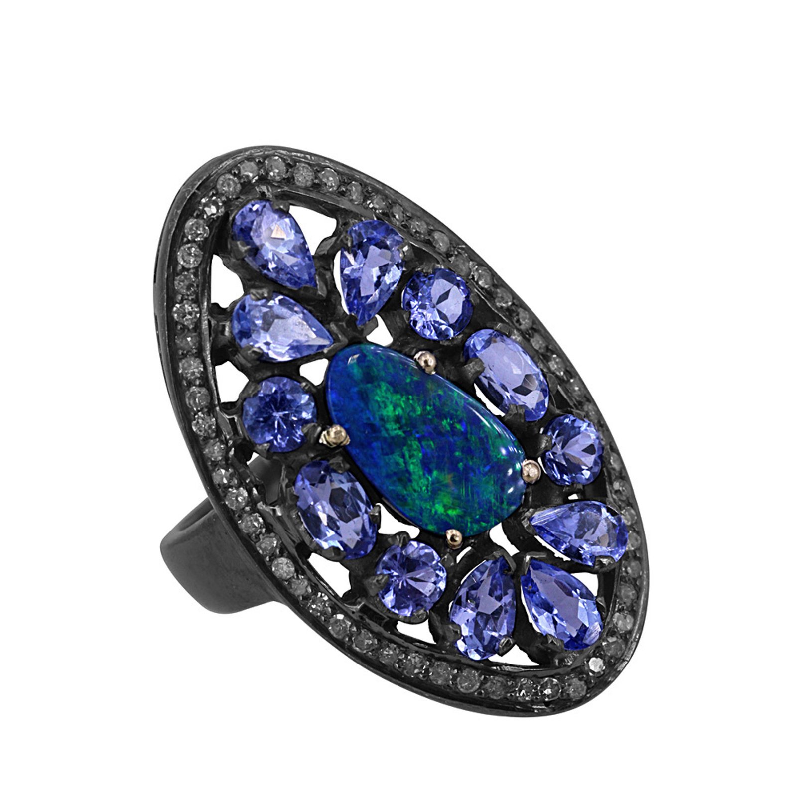 Tanzanite & opal oval shape ring , 14k gold solid silver & diamond ring