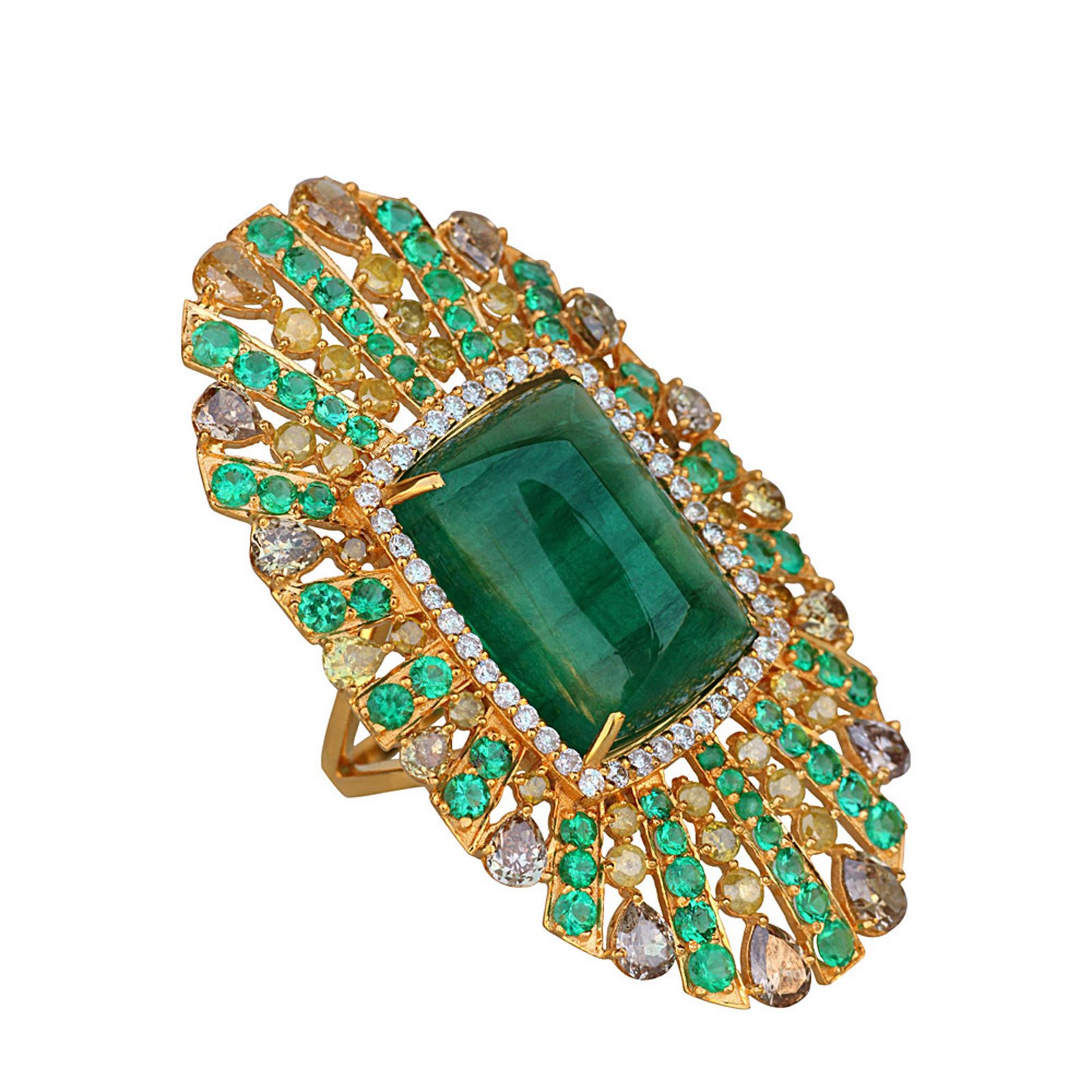 Natural diamond & emerald full finger designer ring, 18k solid gold jewelry